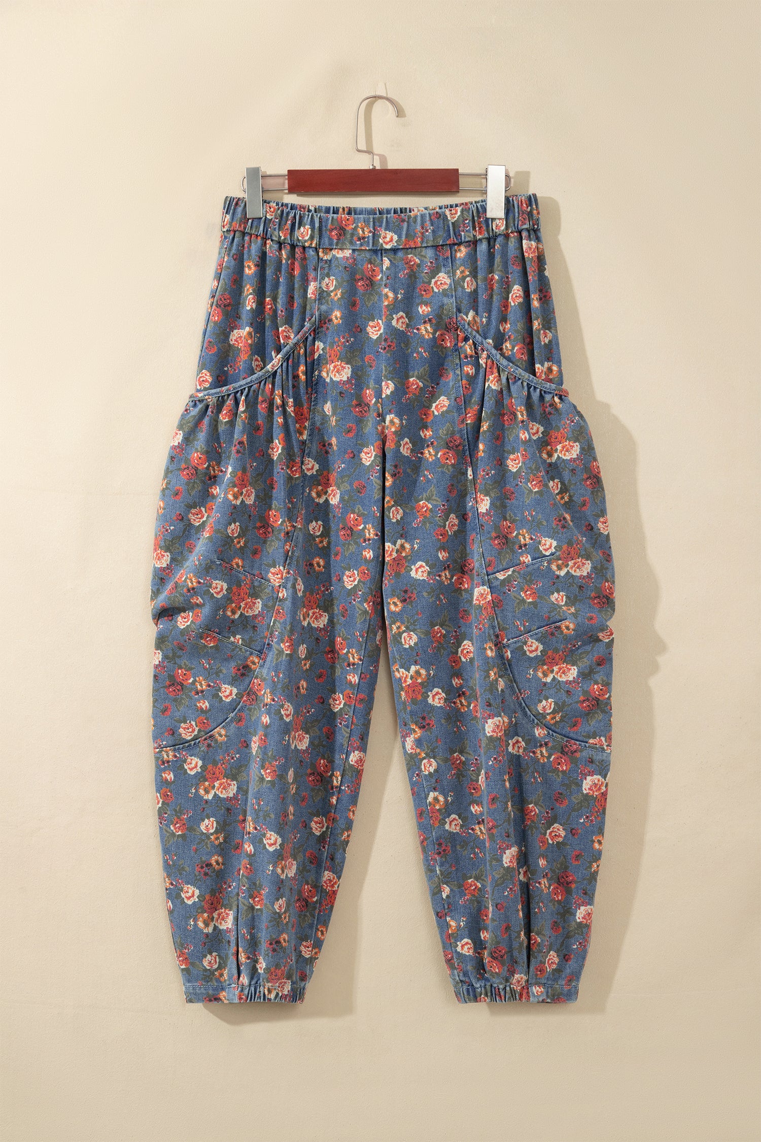 Beau Blue Retro Floral Print Elastic Waist Pocketed Barrel Jeans-Bottoms/Jeans-[Adult]-[Female]-2022 Online Blue Zone Planet
