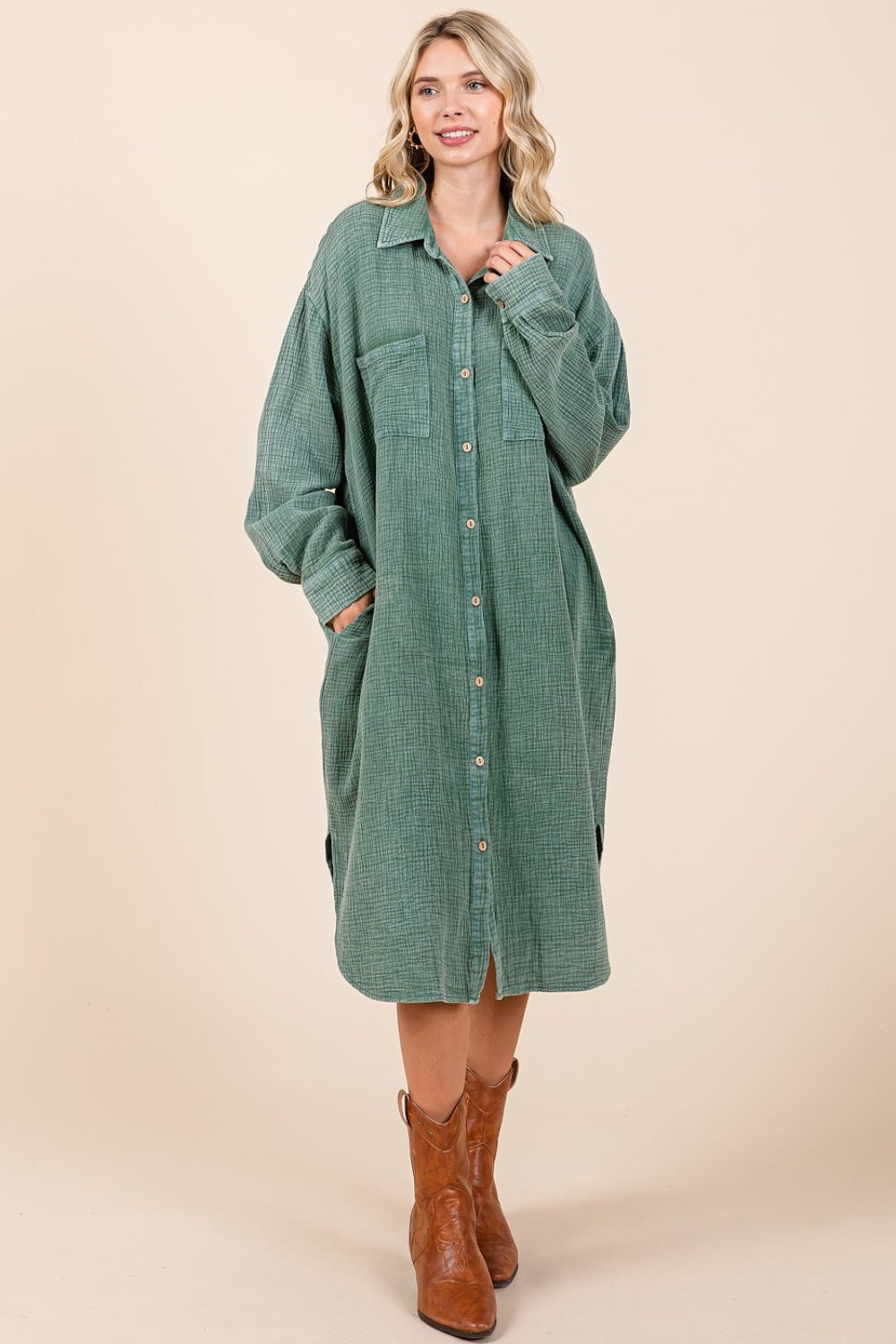 Mittoshop Mineral Wash Cotton Gauze Midi Shirt Dress-TOPS / DRESSES-[Adult]-[Female]-2022 Online Blue Zone Planet