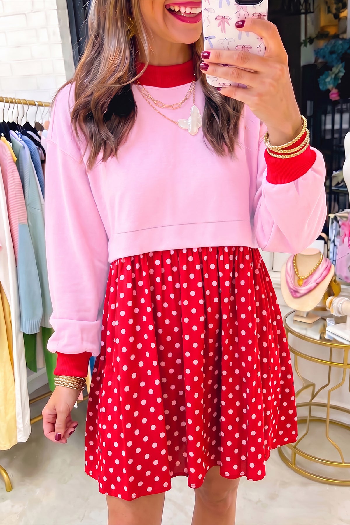 Pink Color Block Long Sleeve Polka Dot Contrast Pleated Mini Dress-Dresses/Mini Dresses-[Adult]-[Female]-Pink-S-2022 Online Blue Zone Planet
