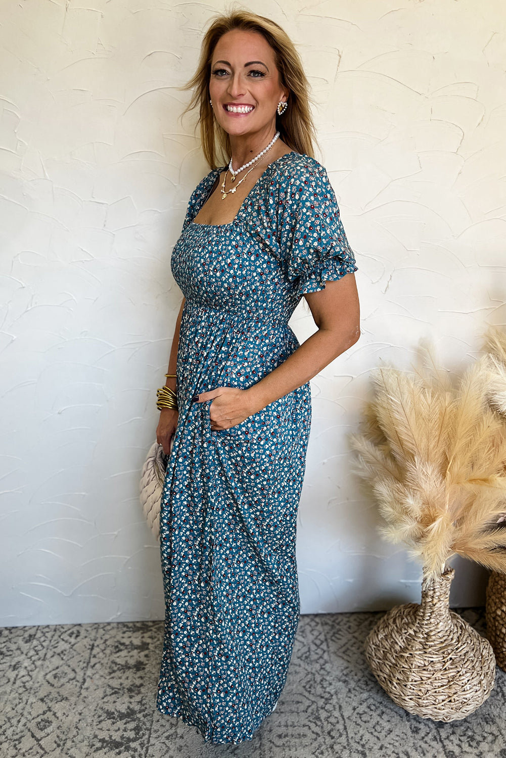 Blue Vintage Boho Floral Smocked Short Puff Sleeve Wide Leg Jumpsuit-Jumpsuits-[Adult]-[Female]-2022 Online Blue Zone Planet