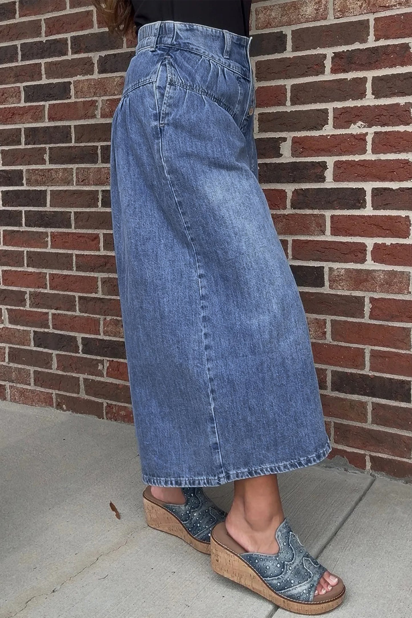 Dusk Blue High Rise Buttons Pleated Cropped Wide Leg Denim Pants-Bottoms/Jeans-[Adult]-[Female]-2022 Online Blue Zone Planet