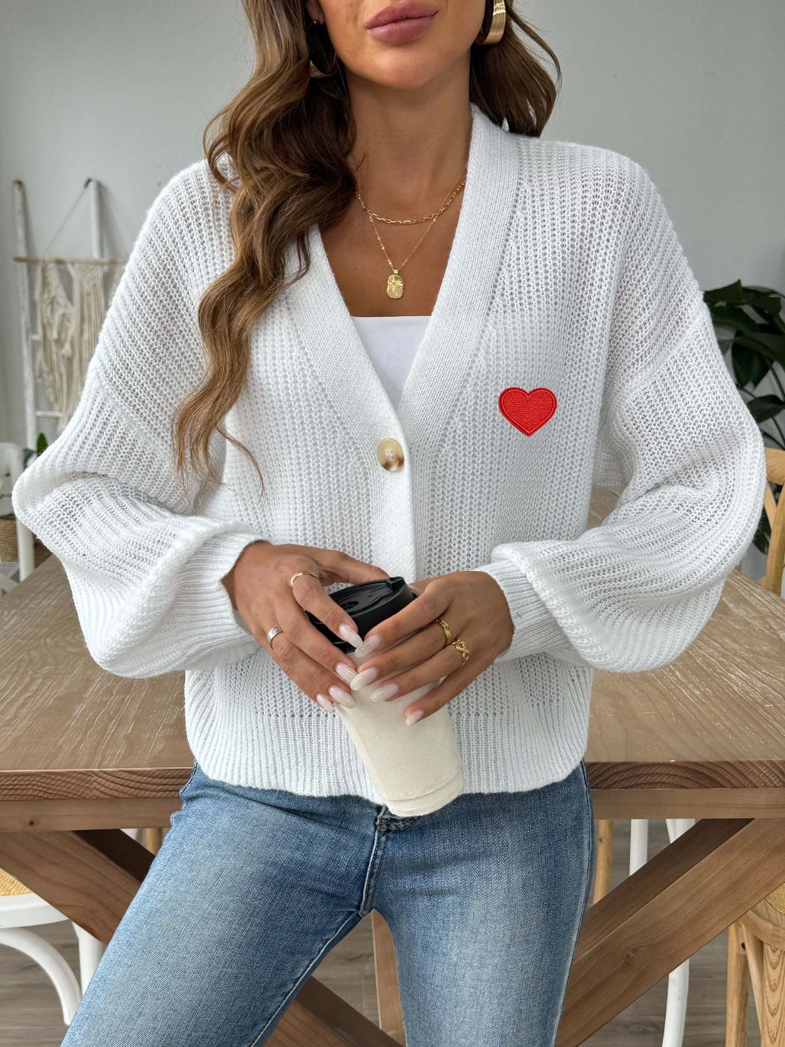 Heart Button Down V-Neck Long Sleeve Cardigan-TOPS / DRESSES-[Adult]-[Female]-2022 Online Blue Zone Planet