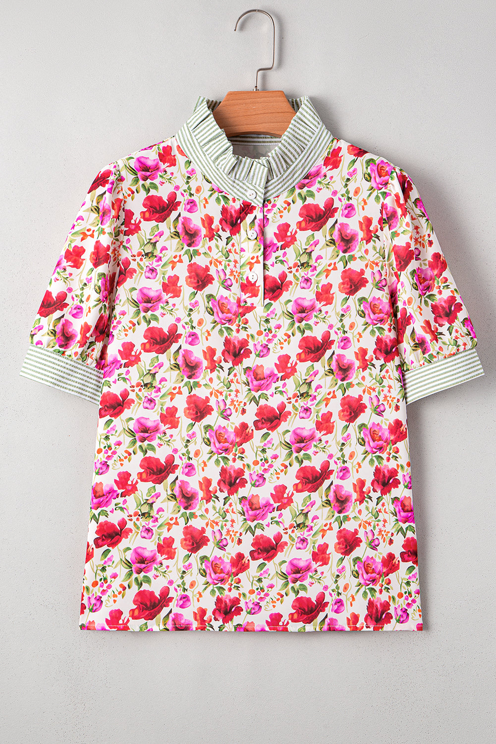Red Floral Print Striped Patchwork Collared Short Sleeve Blouse-Tops/Blouses & Shirts-[Adult]-[Female]-2022 Online Blue Zone Planet