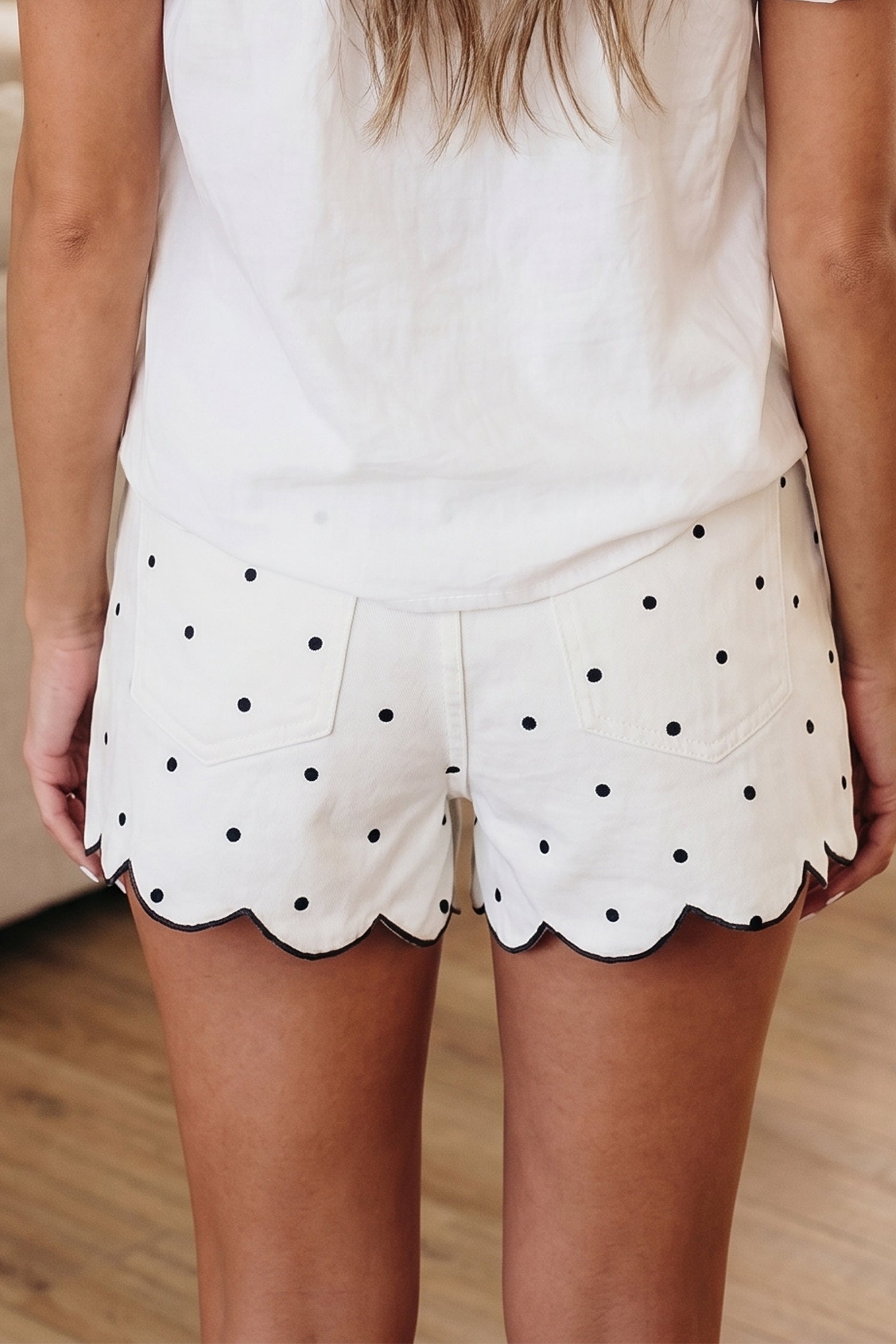 White Polka Dot Print Embroidered Scallop Hem Shorts-Bottoms/Casual Shorts-[Adult]-[Female]-2022 Online Blue Zone Planet