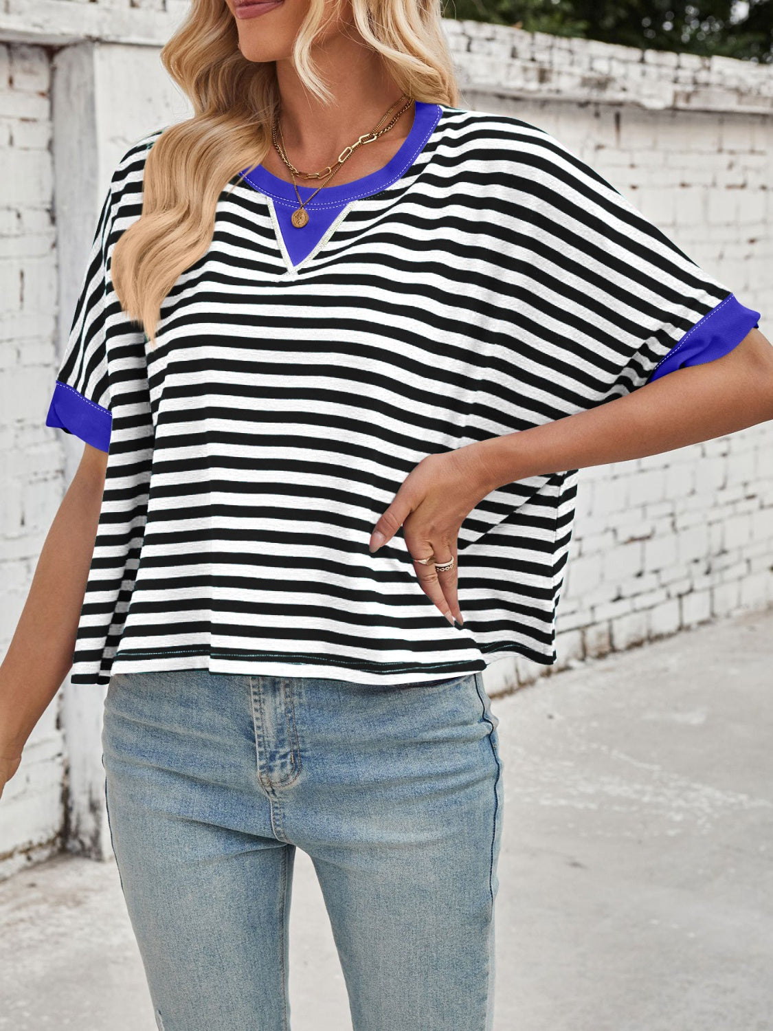 Lovelet Striped Round Neck Short Sleeve T-Shirt-TOPS / DRESSES-[Adult]-[Female]-Black-S-2022 Online Blue Zone Planet