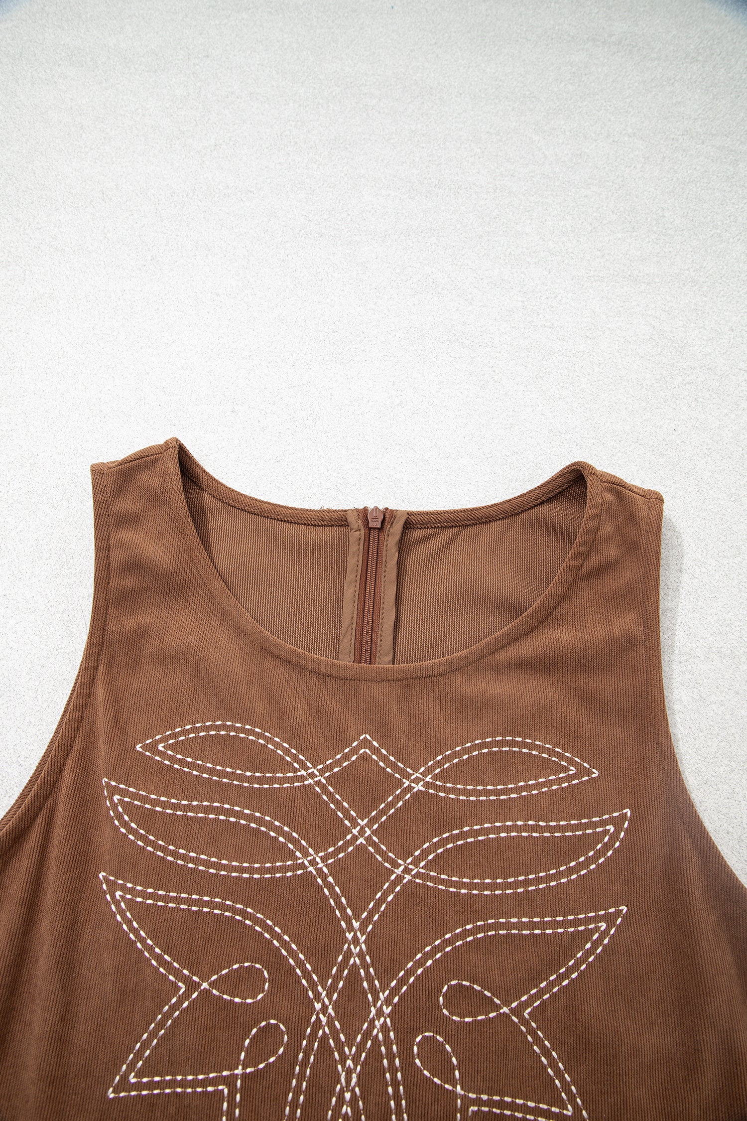 Coffee Geometric Embroidery Sleeveless Corduroy Shift Dress-TOPS / DRESSES-[Adult]-[Female]-2022 Online Blue Zone Planet