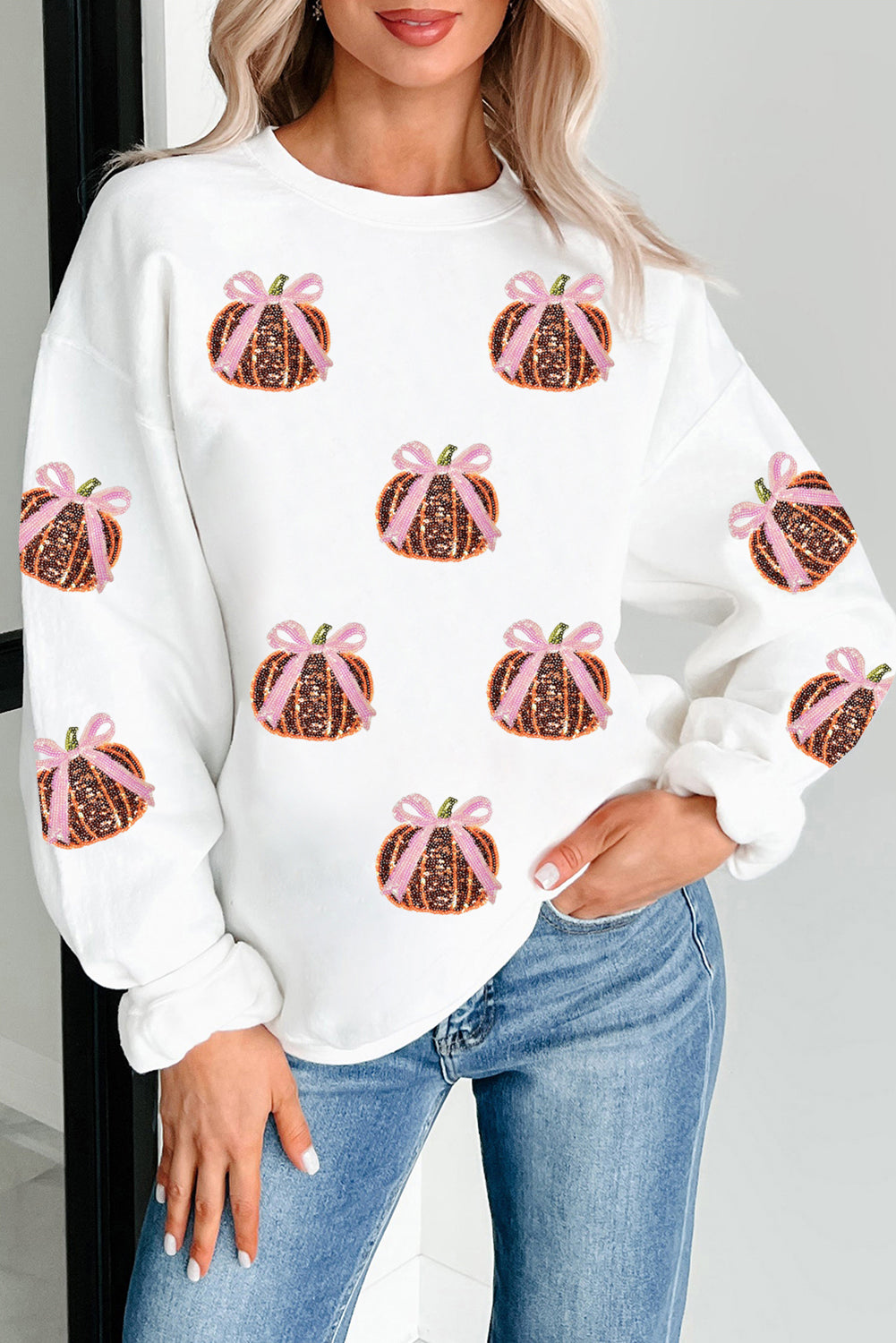 White Sequin Bow Pumpkin Patched Cotton Baggy Sweatshirt-Graphic/Graphic Sweatshirts-[Adult]-[Female]-2022 Online Blue Zone Planet