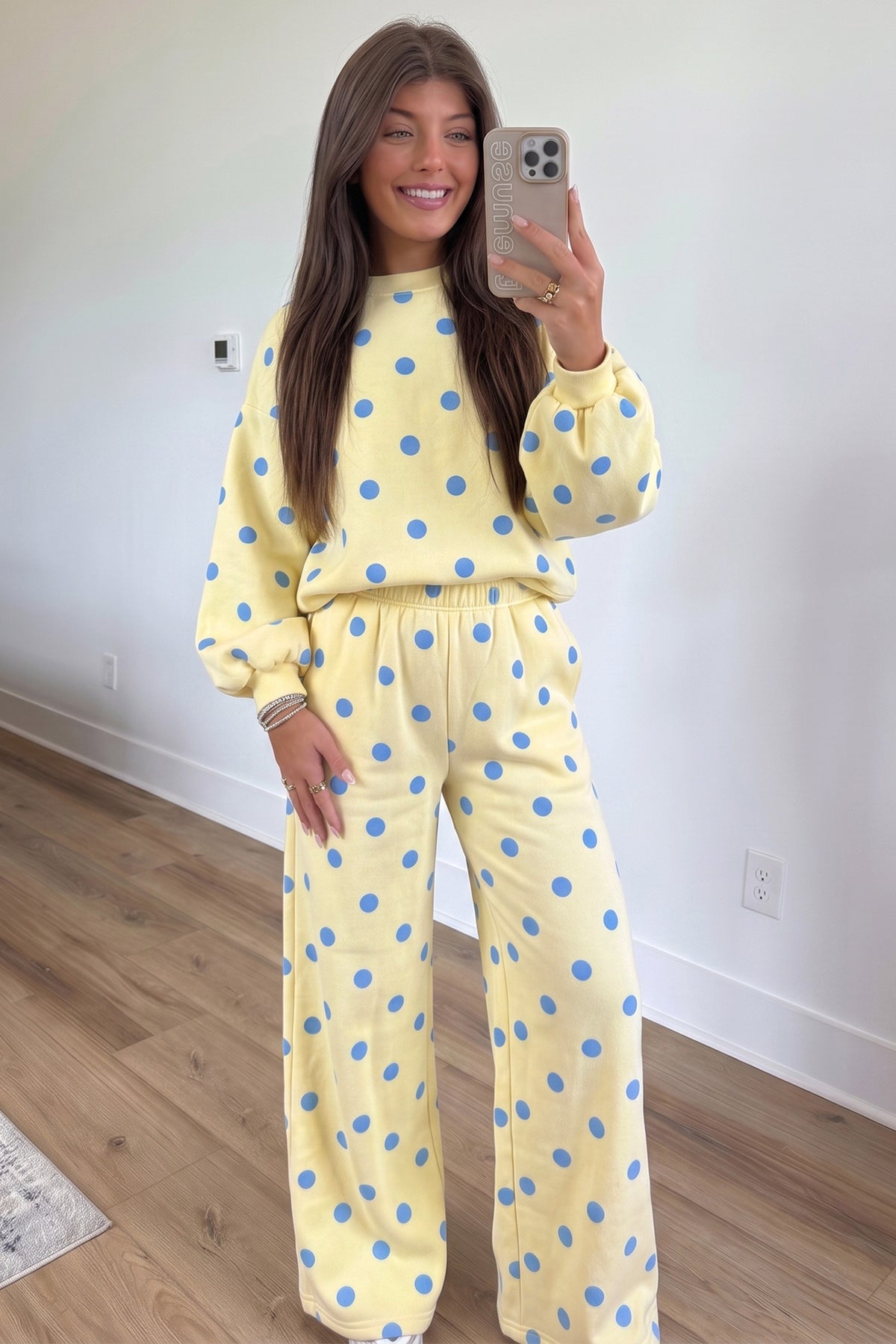 Pink Polka Dot Puff Sleeve Top Casual Pants 2pcs Set-Two Piece Sets/Pant Sets-[Adult]-[Female]-2022 Online Blue Zone Planet