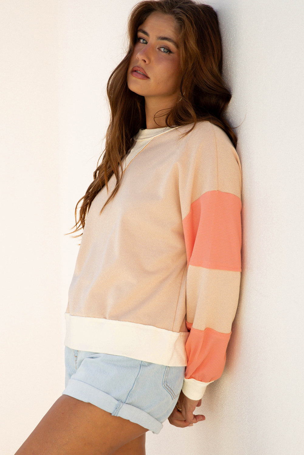 Light French Beige Color Block Textured Patchwork Pullover Sweatshirt-Tops/Sweatshirts & Hoodies-[Adult]-[Female]-2022 Online Blue Zone Planet