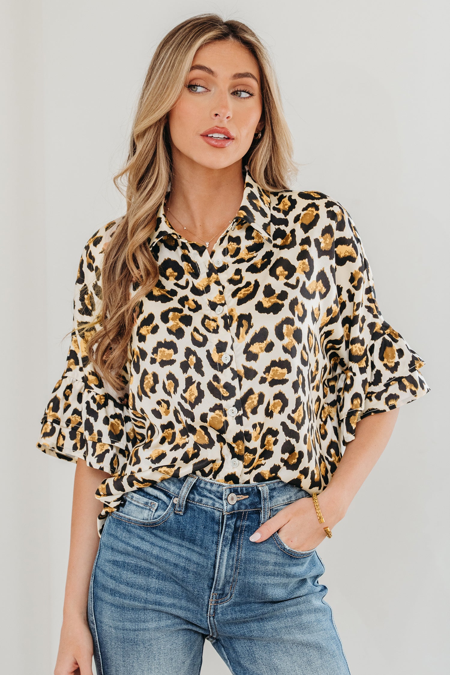 Khaki Leopard Print Ruffle Trim 3/4 Sleeve Loose Shirt-Tops/Blouses & Shirts-[Adult]-[Female]-2022 Online Blue Zone Planet
