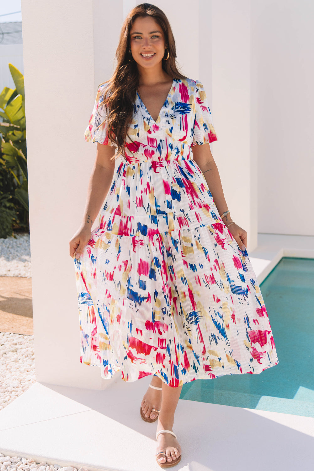 Rose Abstract Print Short Puff Sleeve Tiered Maxi Dress-TOPS / DRESSES-[Adult]-[Female]-2022 Online Blue Zone Planet