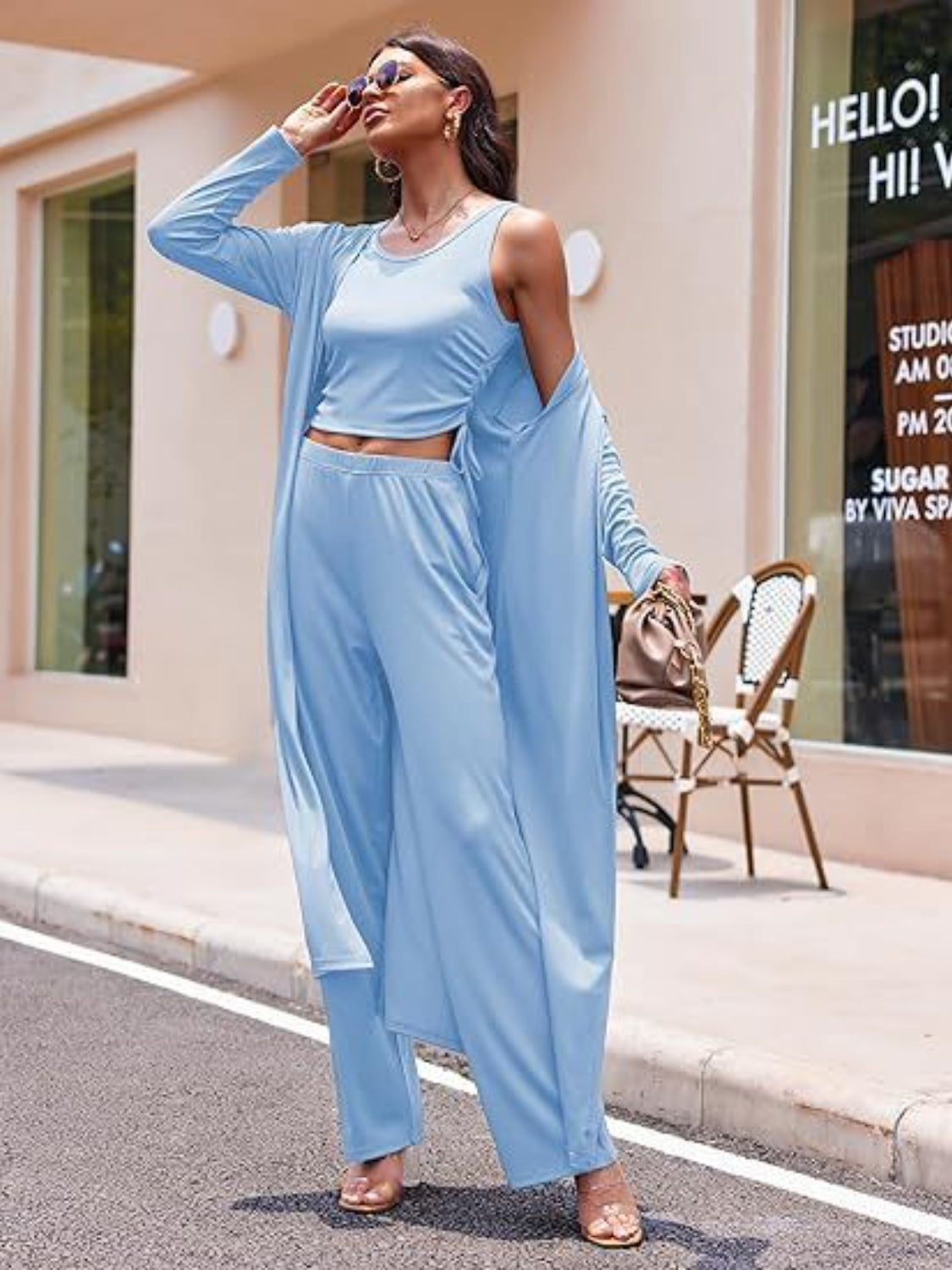 Drawstring Tank, Long Sleeve Cover Up and Pants Set-TOPS / DRESSES-[Adult]-[Female]-Light Blue-S-2022 Online Blue Zone Planet