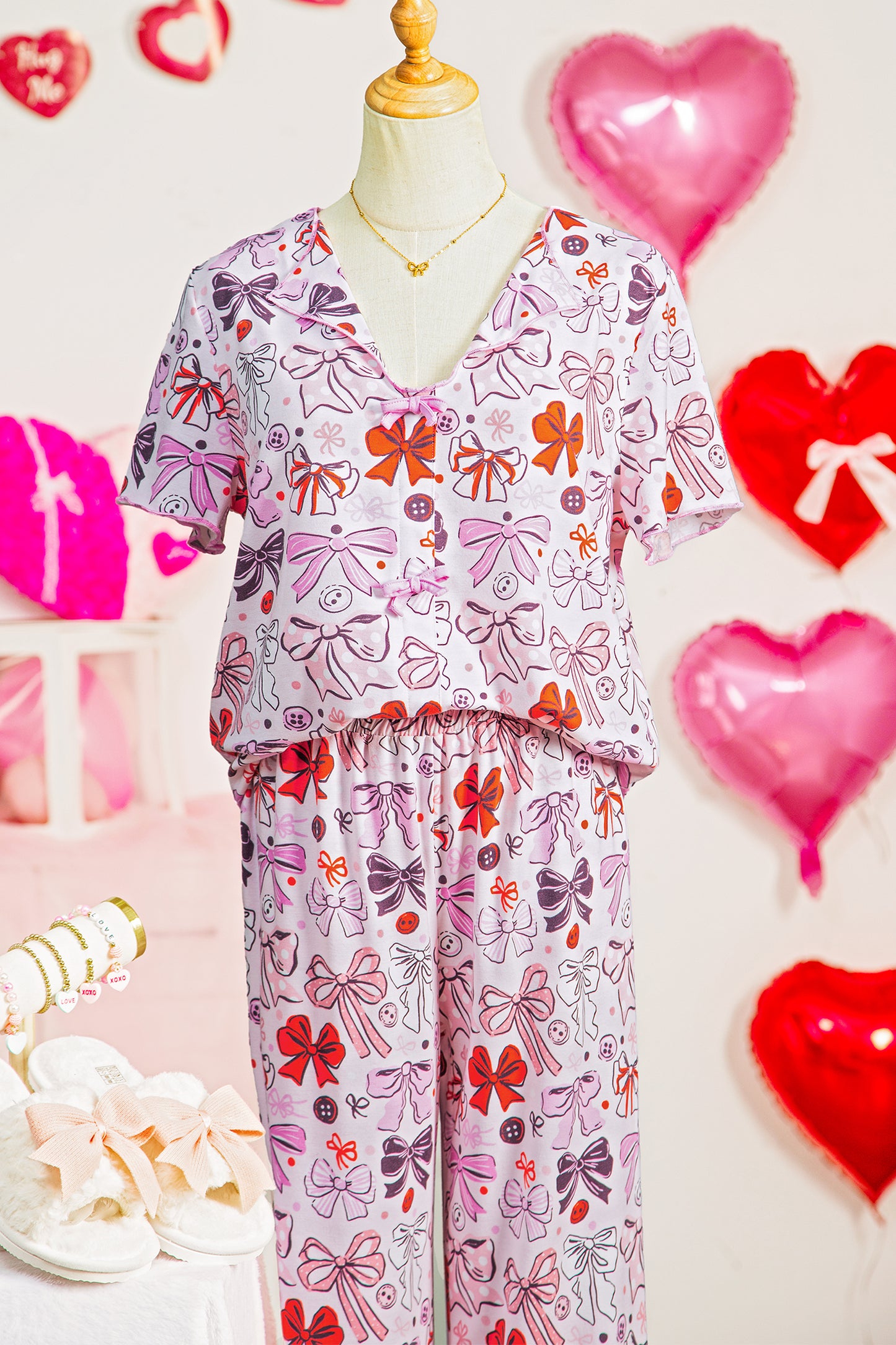 Pink Diverse Bows Buttons Printed Contrast Trim Short Sleeve Shirt Pajama Pant Set-Loungewear & Sleepwear/Sleepwear-[Adult]-[Female]-2022 Online Blue Zone Planet
