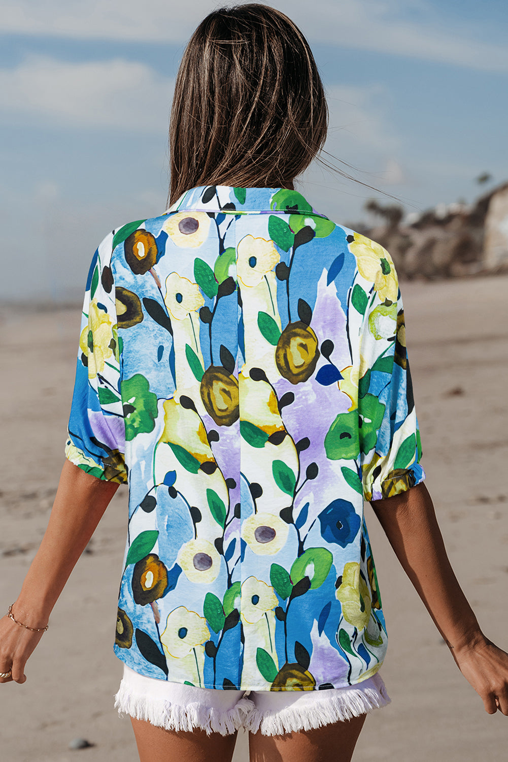 Light Blue Floral Print Slit V Neck Short Sleeve Blouse-Tops/Blouses & Shirts-[Adult]-[Female]-2022 Online Blue Zone Planet