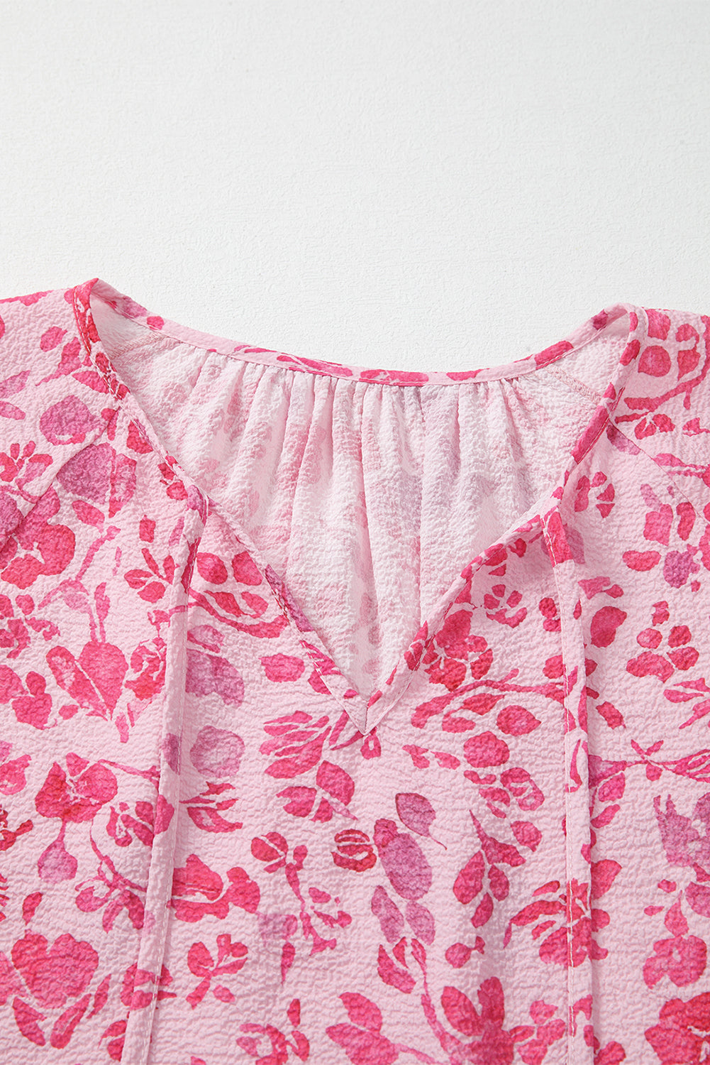 Pink Floral Puff Sleeve Split Neck Lightweight Blouse-Tops/Blouses & Shirts-[Adult]-[Female]-2022 Online Blue Zone Planet