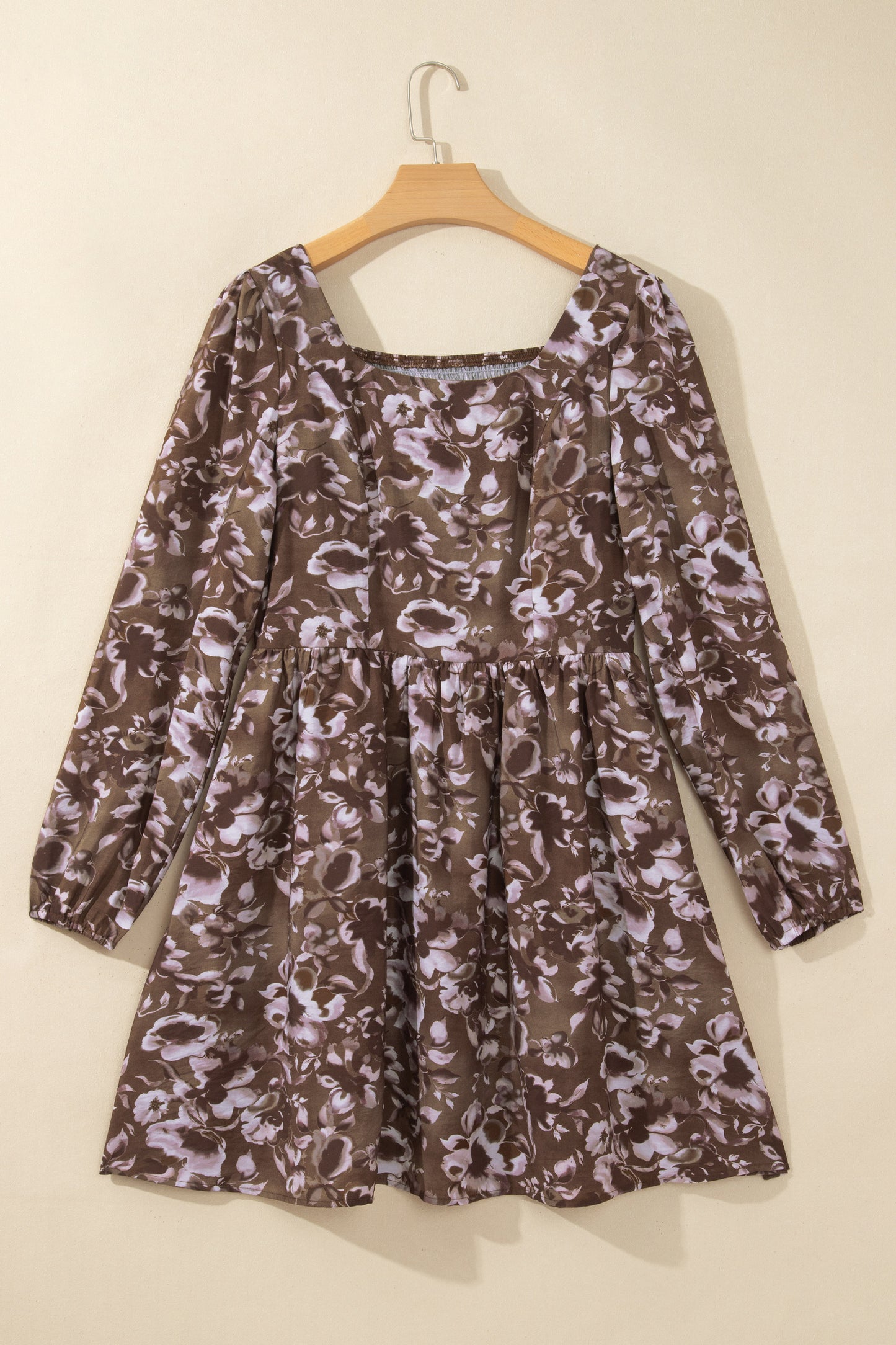 Brown Abstract Floral Print Square Neck Long Sleeve Mini Shift Dress-TOPS / DRESSES-[Adult]-[Female]-2022 Online Blue Zone Planet