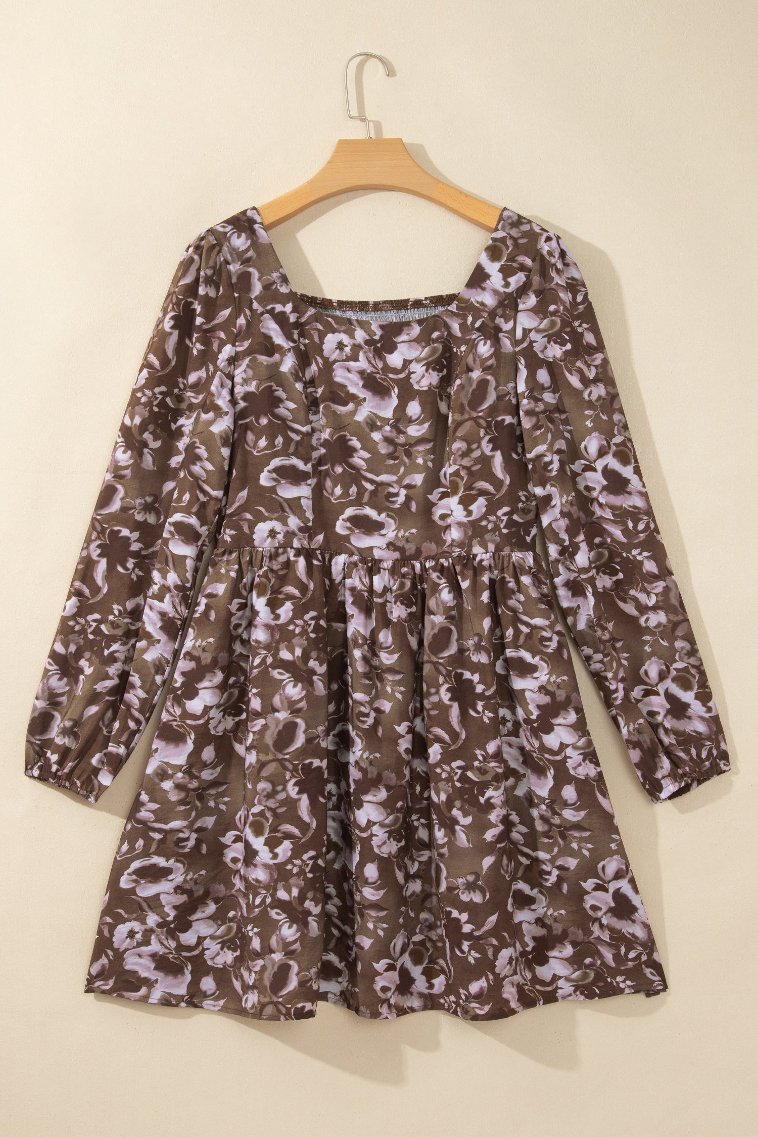Brown Abstract Floral Print Square Neck Long Sleeve Mini Shift Dress-TOPS / DRESSES-[Adult]-[Female]-2022 Online Blue Zone Planet