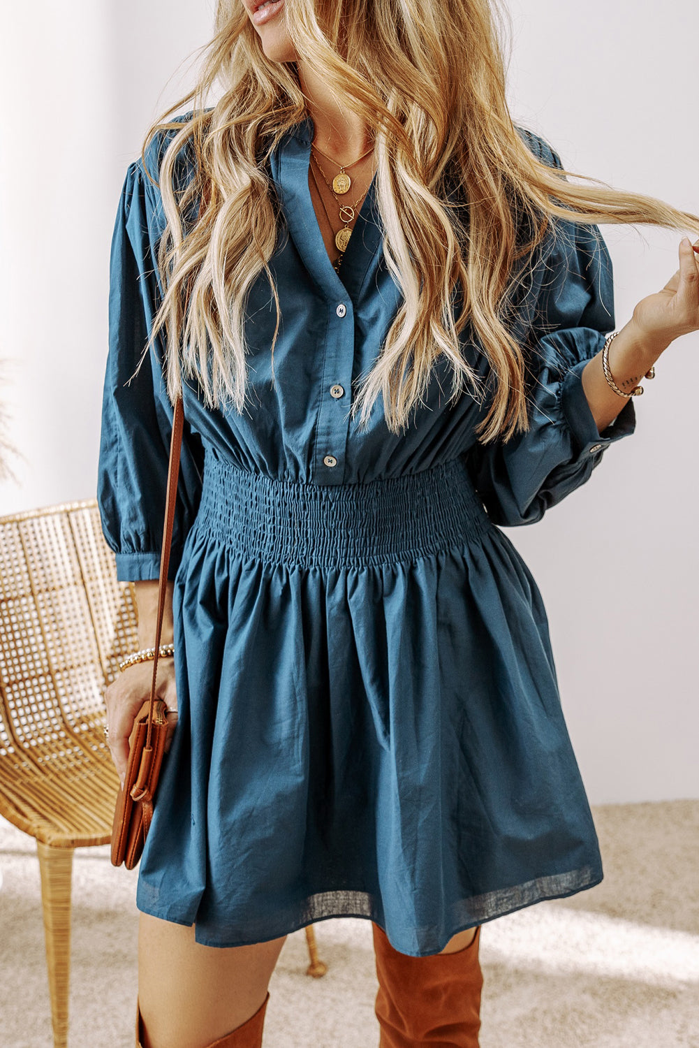 Prussian Blue 3/4 Sleeve Shirred High Waist Buttoned Mini Dress-Dresses/Mini Dresses-[Adult]-[Female]-Prussian Blue-S-2022 Online Blue Zone Planet