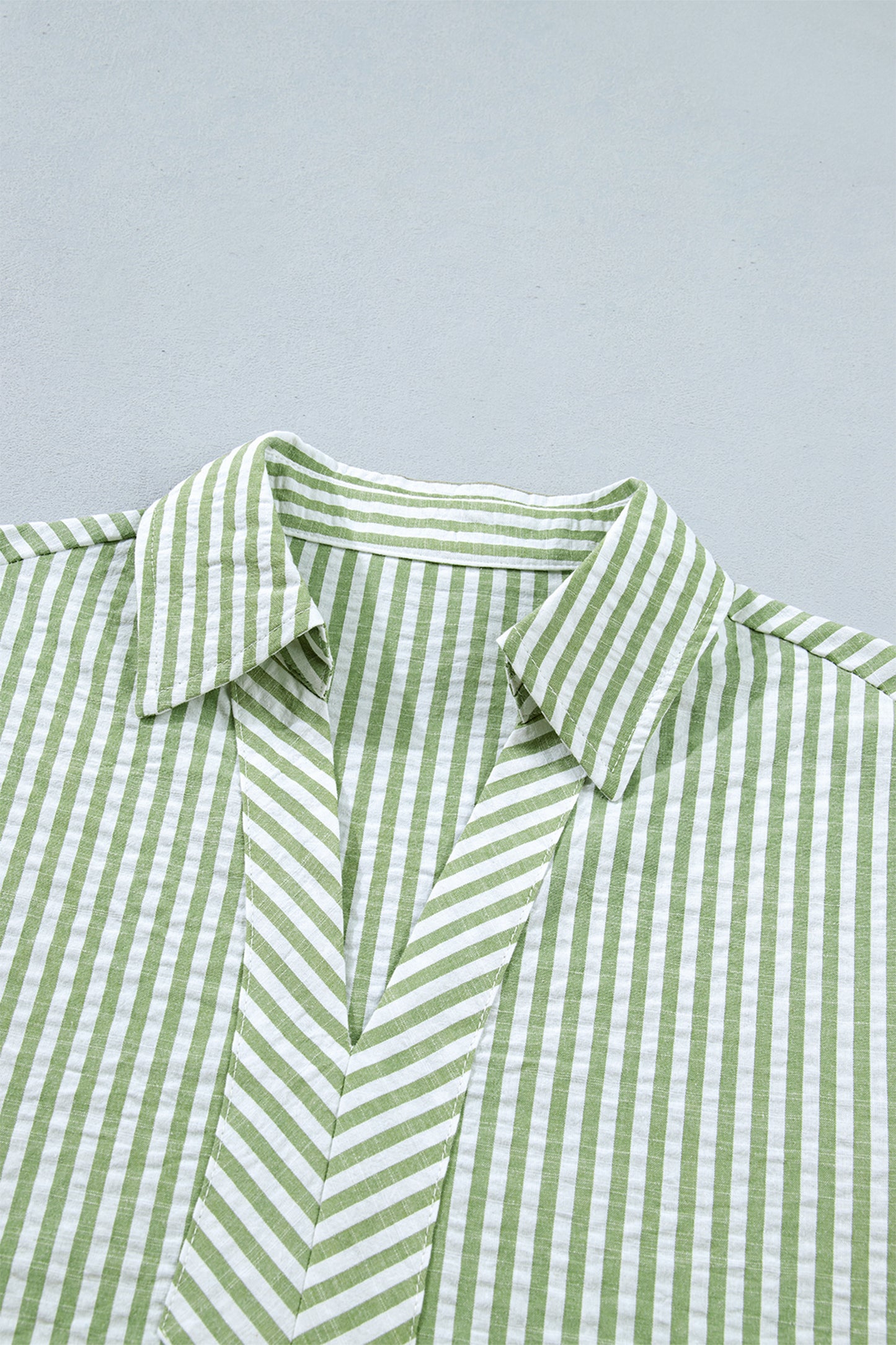 Green Stripe Shirt Collar Half Sleeve Blouse-Tops/Blouses & Shirts-[Adult]-[Female]-2022 Online Blue Zone Planet