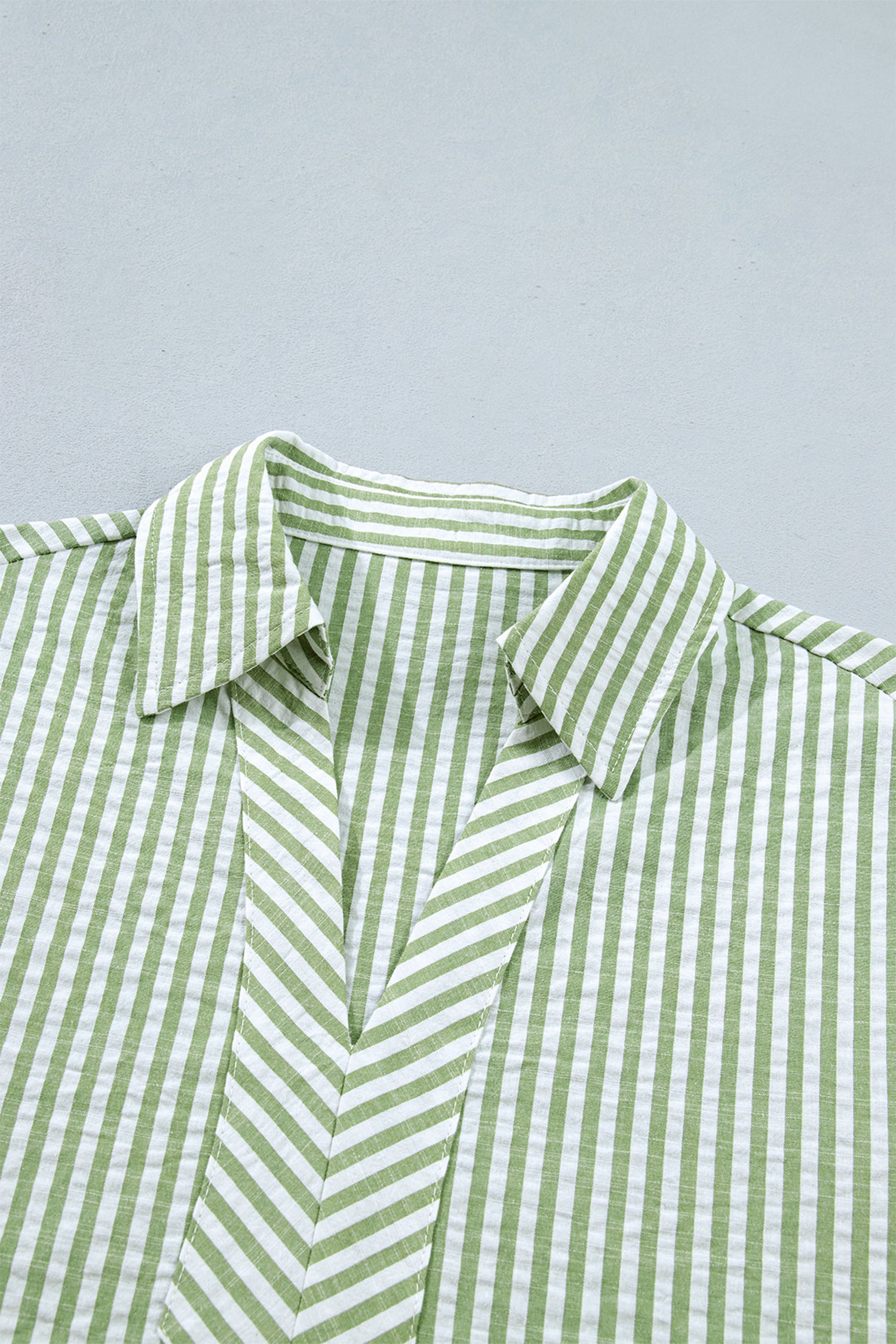 Green Stripe Shirt Collar Half Sleeve Blouse-Tops/Blouses & Shirts-[Adult]-[Female]-2022 Online Blue Zone Planet
