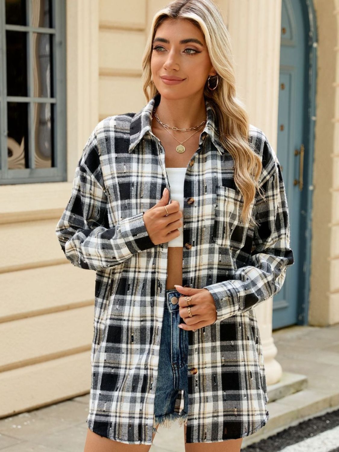 Plaid Button Up Long Sleeve Shirt-TOPS / DRESSES-[Adult]-[Female]-2022 Online Blue Zone Planet