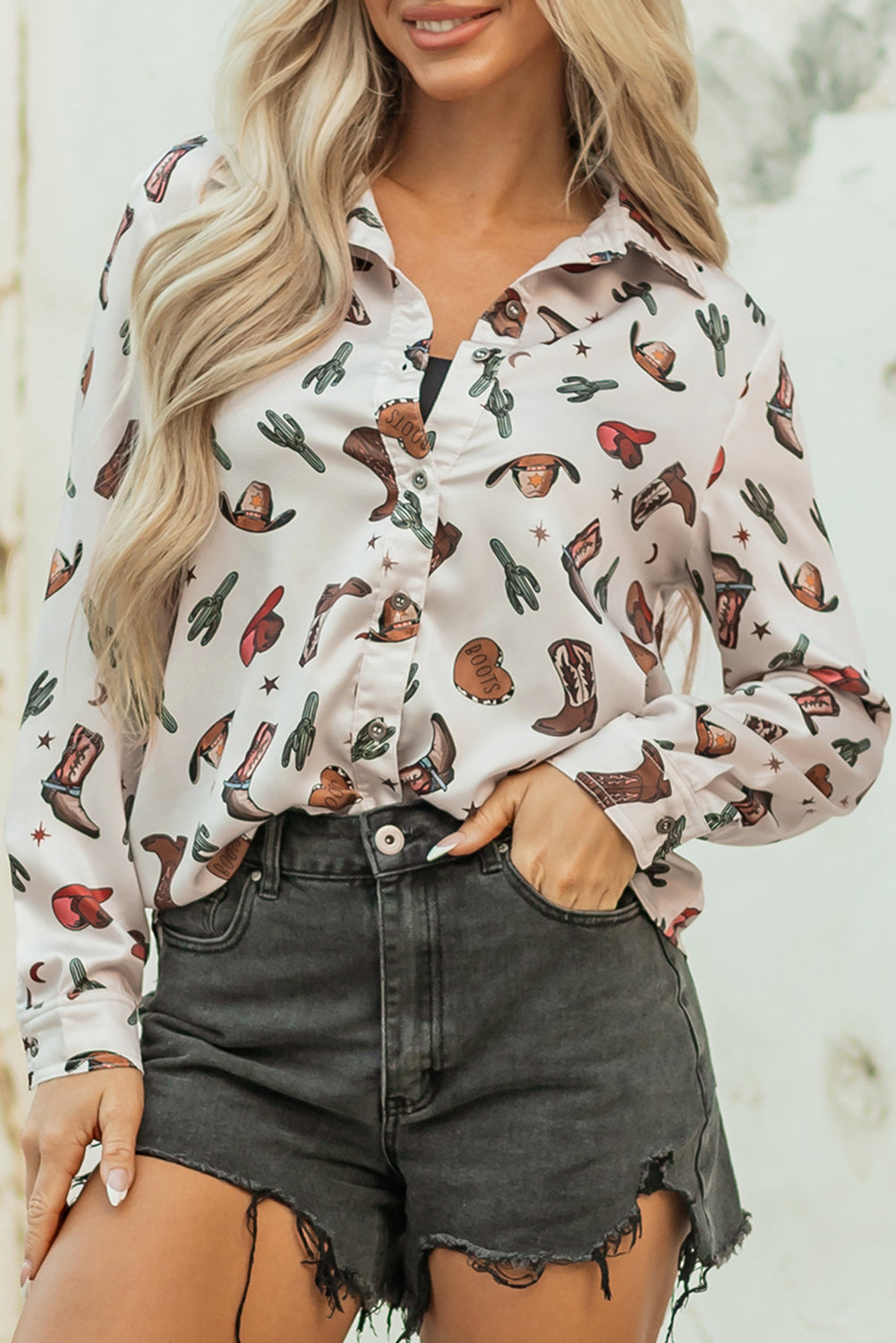 White Western Fashion Print Button Up Casual Shirt-Tops/Blouses & Shirts-[Adult]-[Female]-2022 Online Blue Zone Planet