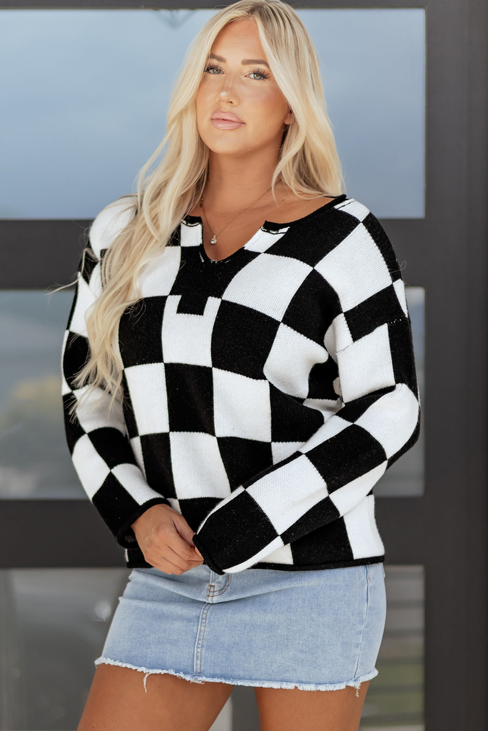 Black Checked Notched Neckline Drop Shoulder Knit Sweater-TOPS / DRESSES-[Adult]-[Female]-2022 Online Blue Zone Planet