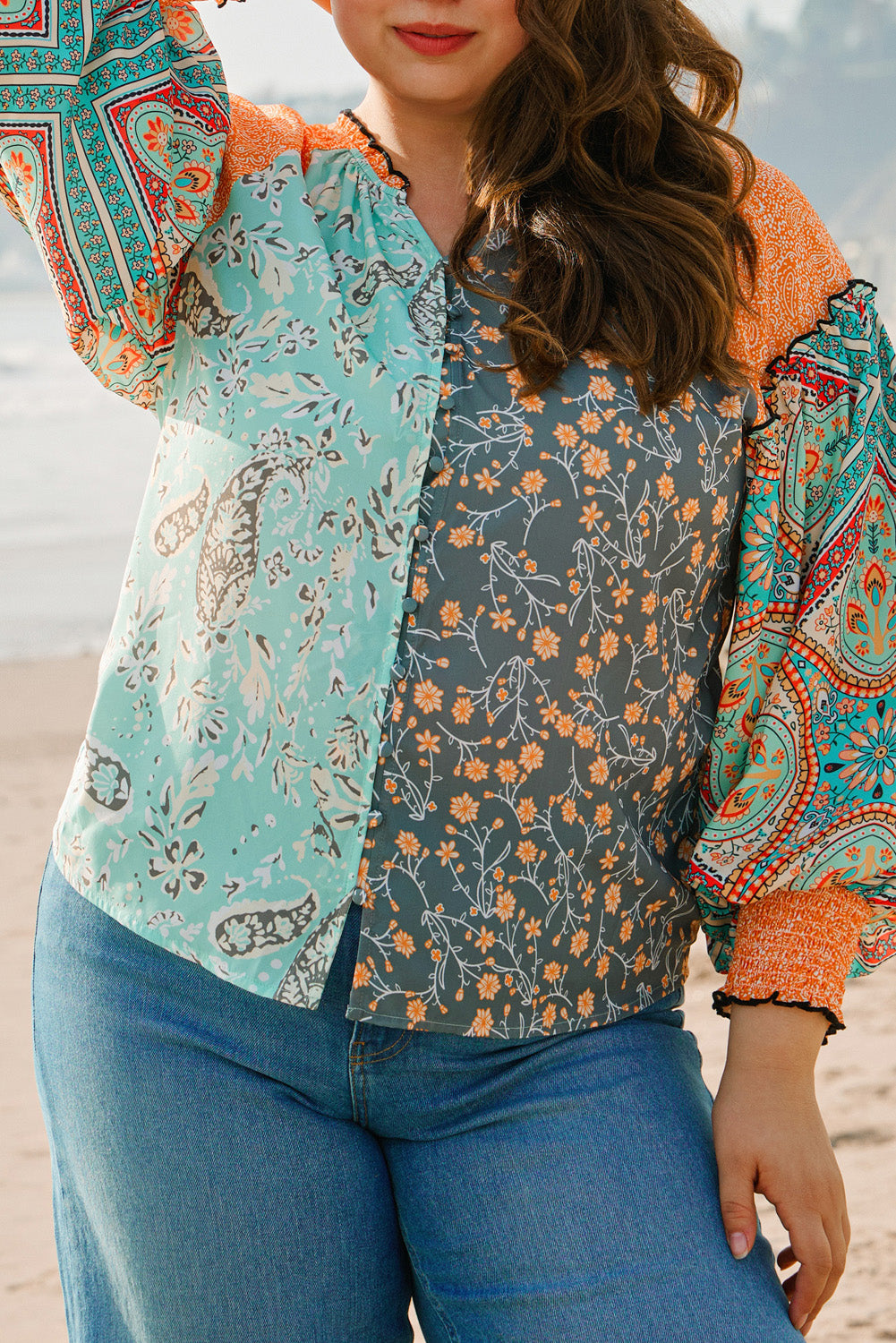 Blue Zone Planet | Green Floral Patchwork Lantern Sleeve Buttoned V Neck Plus Size Blouse-Plus Size/Plus Size Tops/Plus Size Blouses & Shirts-[Adult]-[Female]-2022 Online Blue Zone Planet