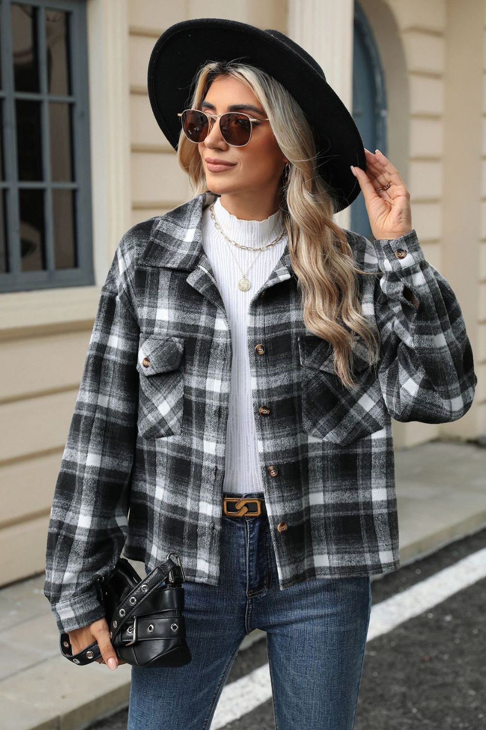 Pocketed Plaid Collared Neck Dropped Shoulder Jacket-TOPS / DRESSES-[Adult]-[Female]-2022 Online Blue Zone Planet