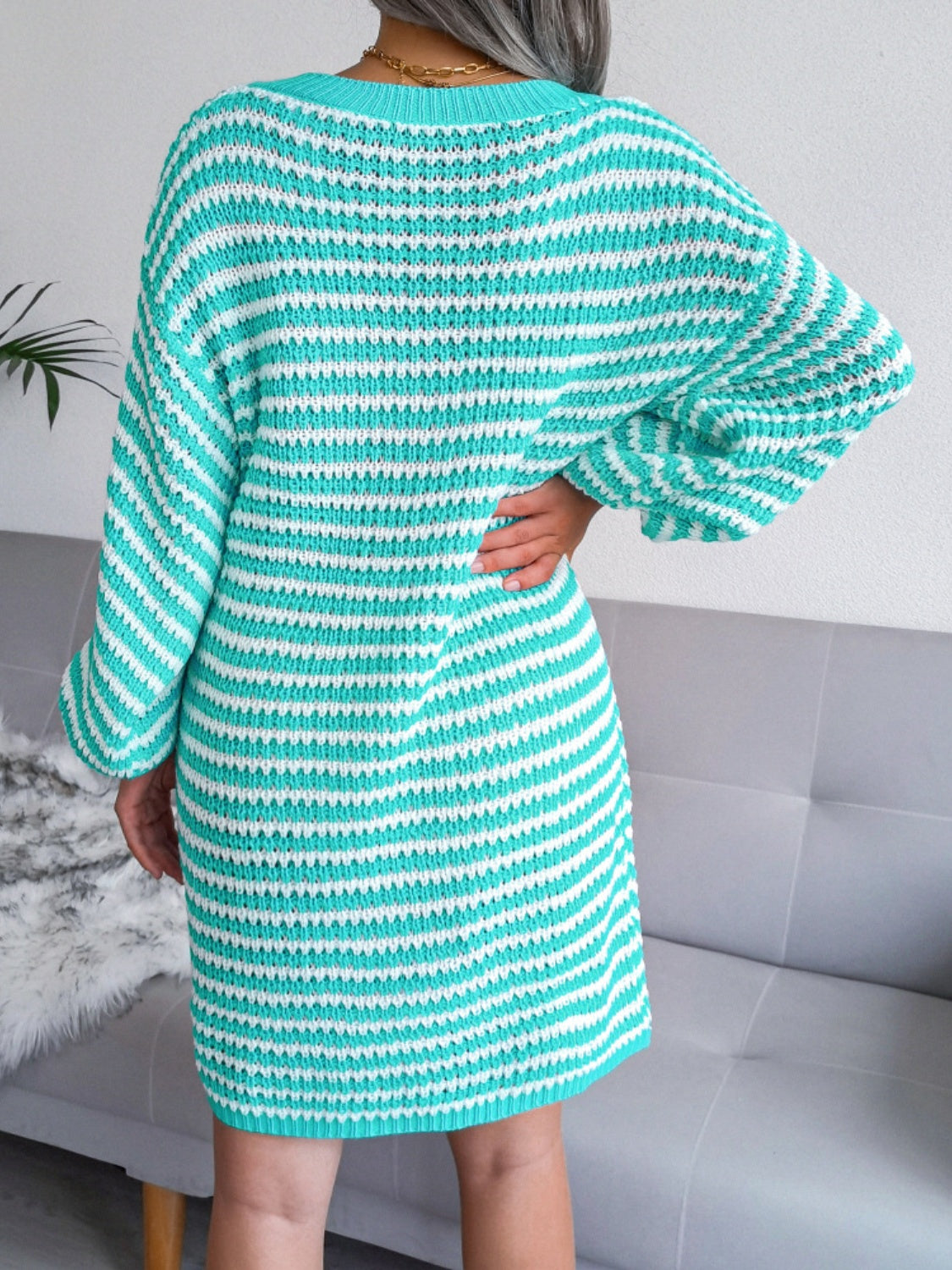 Blue Zone Planet | Striped V-Neck Long Sleeve Mini Sweater Dress-TOPS / DRESSES-[Adult]-[Female]-2022 Online Blue Zone Planet