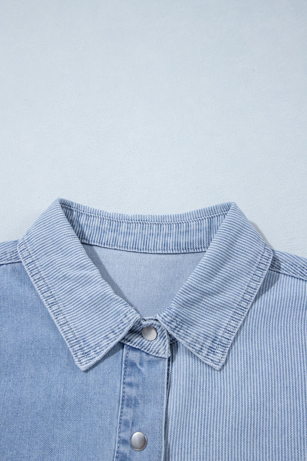 Beau Blue Lightweight Denim Striped Patchwork Button Down Shacket-Tops/Blouses & Shirts-[Adult]-[Female]-2022 Online Blue Zone Planet