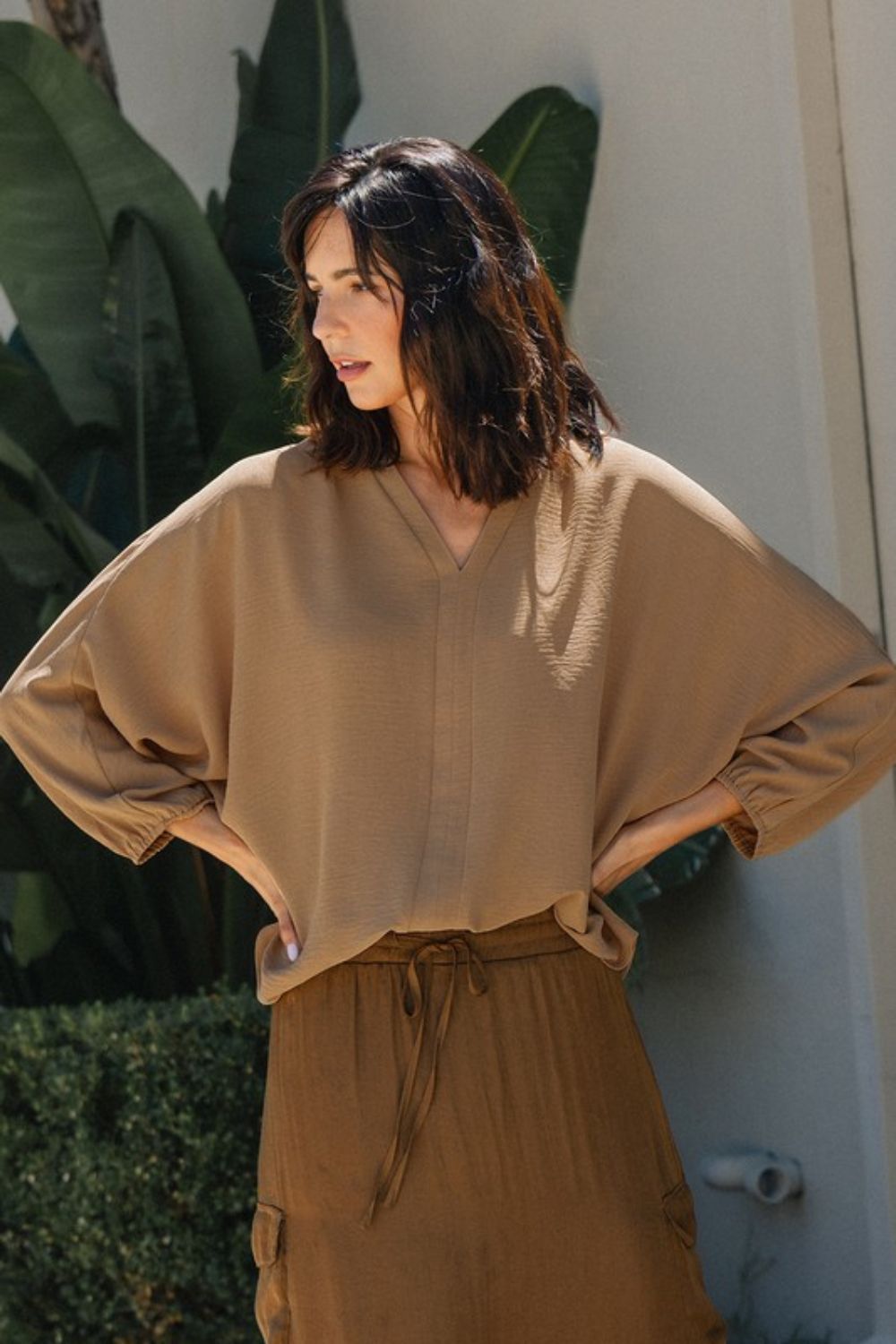 Annie Wear Notched Batwing Sleeve Blouse-TOPS / DRESSES-[Adult]-[Female]-Camel-S-2022 Online Blue Zone Planet