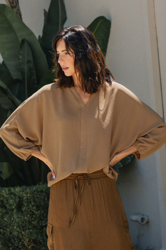 Annie Wear Notched Batwing Sleeve Blouse-TOPS / DRESSES-[Adult]-[Female]-Camel-S-2022 Online Blue Zone Planet