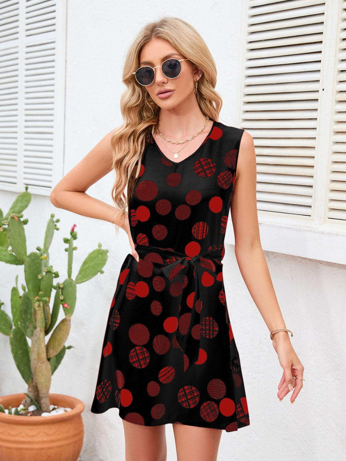 Tied Polka Dot V-Neck Dress-TOPS / DRESSES-[Adult]-[Female]-2022 Online Blue Zone Planet