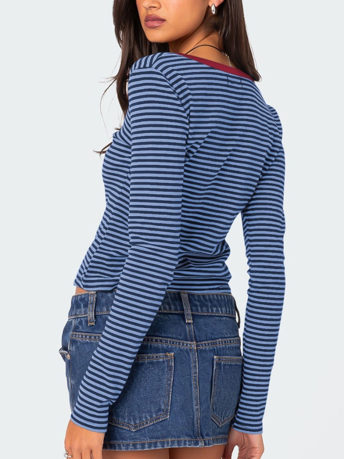 Buttoned Striped Long Sleeve T-Shirt-TOPS / DRESSES-[Adult]-[Female]-2022 Online Blue Zone Planet