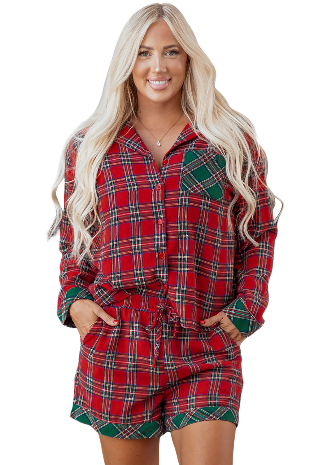 Red Plaid Contrast Patched Christmas Holiday Long Sleeve Shirt And Short 2pcs Pajama Set-Loungewear & Sleepwear/Sleepwear-[Adult]-[Female]-2022 Online Blue Zone Planet