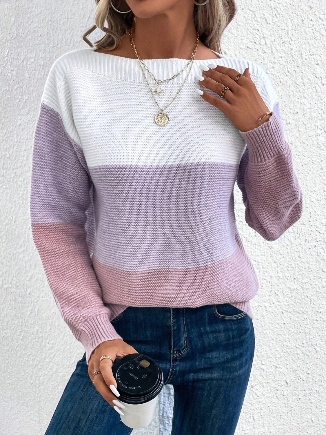 Blue Zone Planet | Color Block Boat Neck Sweater-TOPS / DRESSES-[Adult]-[Female]-Lavender-One Size-2022 Online Blue Zone Planet