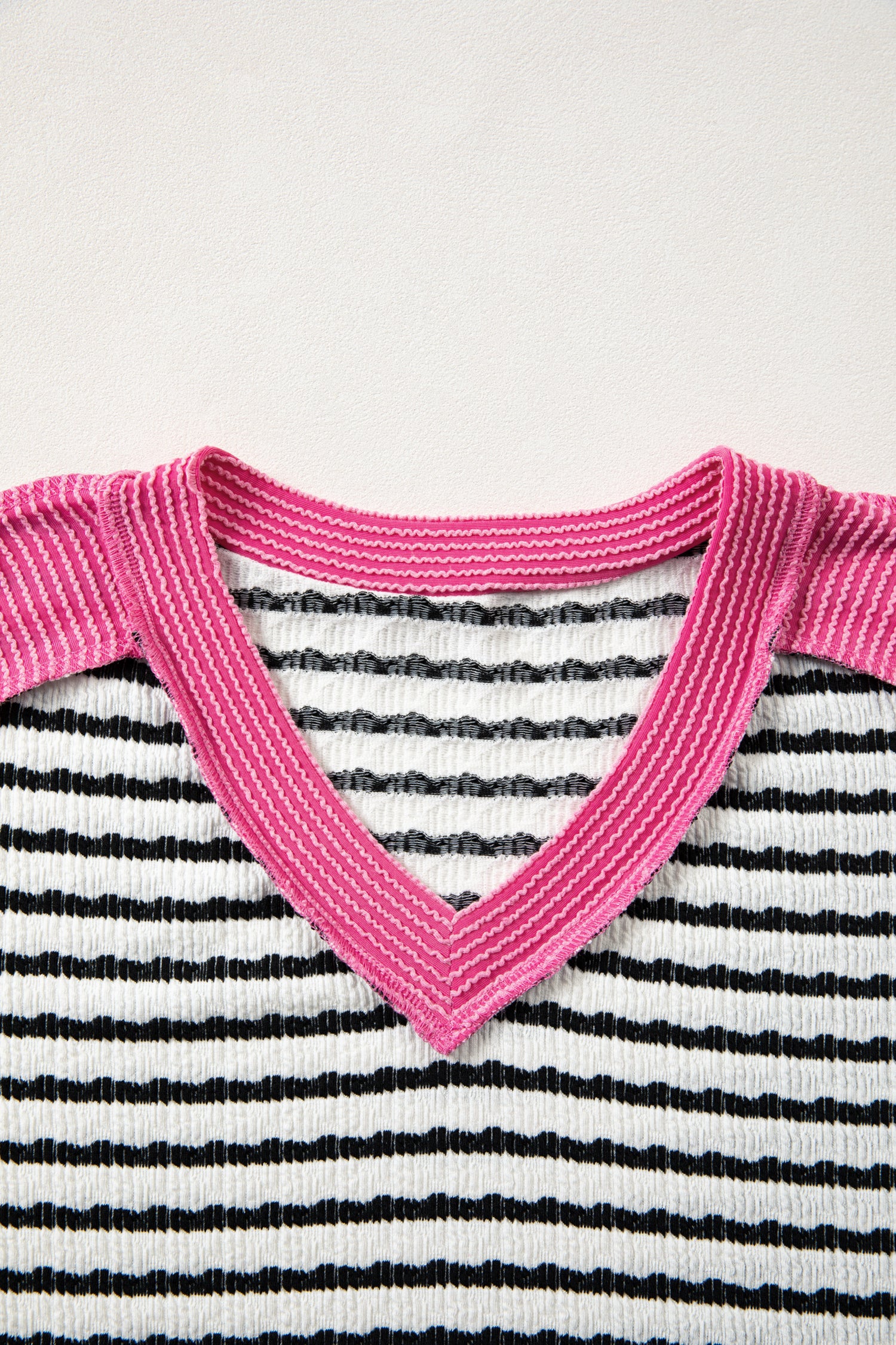 Black Stripe Textured Knit Twisted Rib Contrast Patchwork V Neck Long Sleeve Top-Tops/Long Sleeve Tops-[Adult]-[Female]-2022 Online Blue Zone Planet