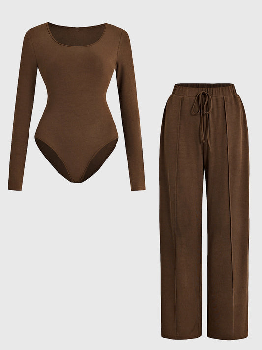 Blue Zone Planet | Round Neck Long Sleeve Bodysuit and Tied Pants Set-TOPS / DRESSES-[Adult]-[Female]-Chocolate-S-2022 Online Blue Zone Planet