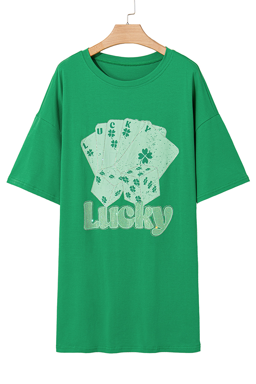 Bright Green Rhinestone Lucky Poker Cards Oversized T Shirt Mini Dress-TOPS / DRESSES-[Adult]-[Female]-2022 Online Blue Zone Planet