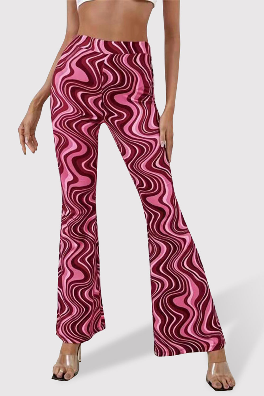 Printed High Waist Flare Pants-[Adult]-[Female]-Deep Red-S-2022 Online Blue Zone Planet