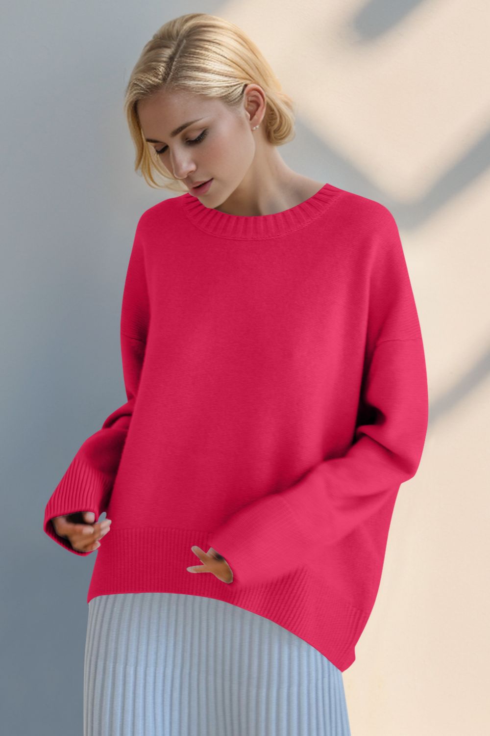 Basic Bae Round Neck Dropped Shoulder Sweater-TOPS / DRESSES-[Adult]-[Female]-Strawberry-One Size-2022 Online Blue Zone Planet