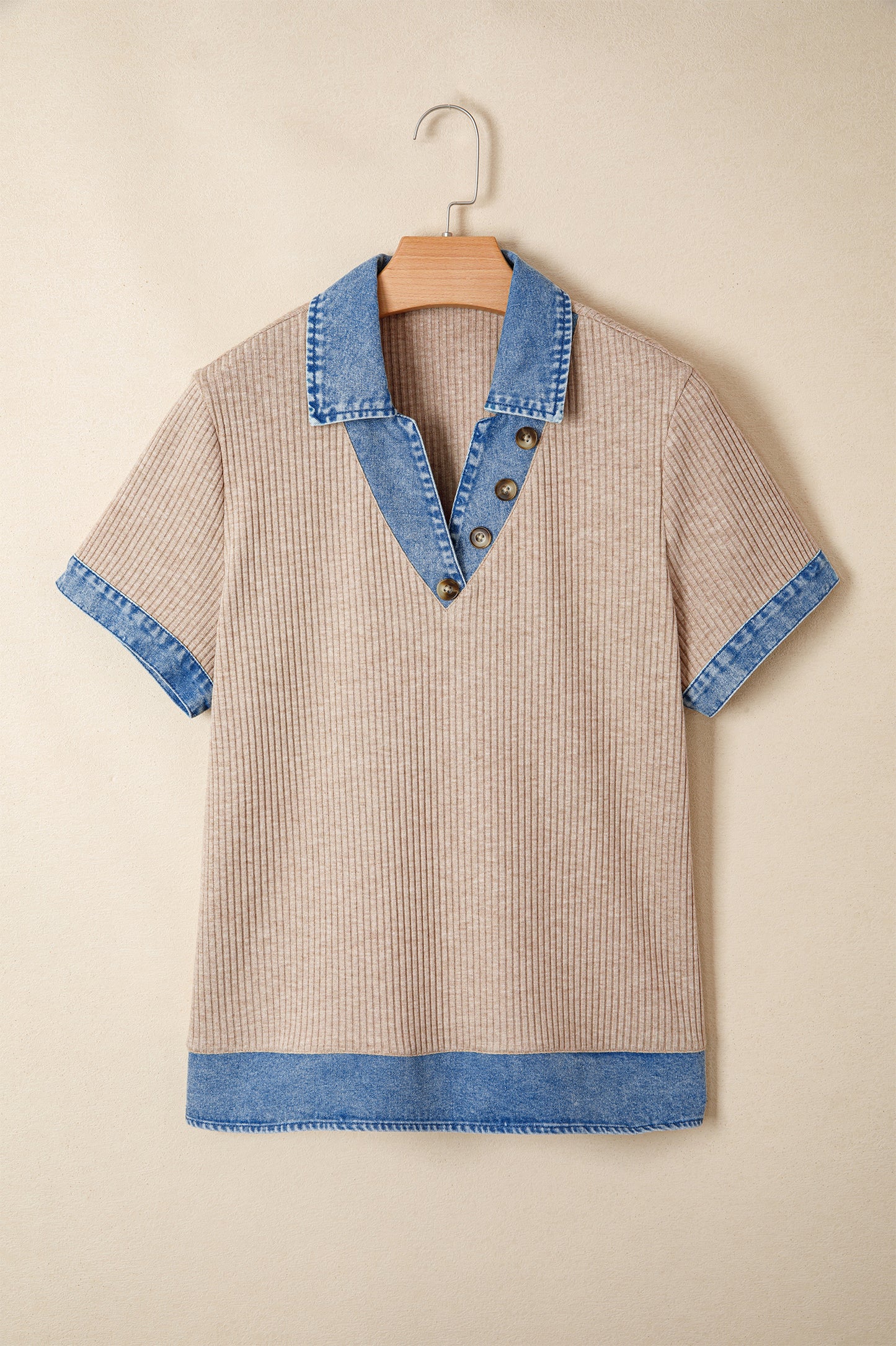 Beige Ribbed Knit Denim Color Block Patchwork Button Detail Collared Blouse-Tops/Blouses & Shirts-[Adult]-[Female]-2022 Online Blue Zone Planet