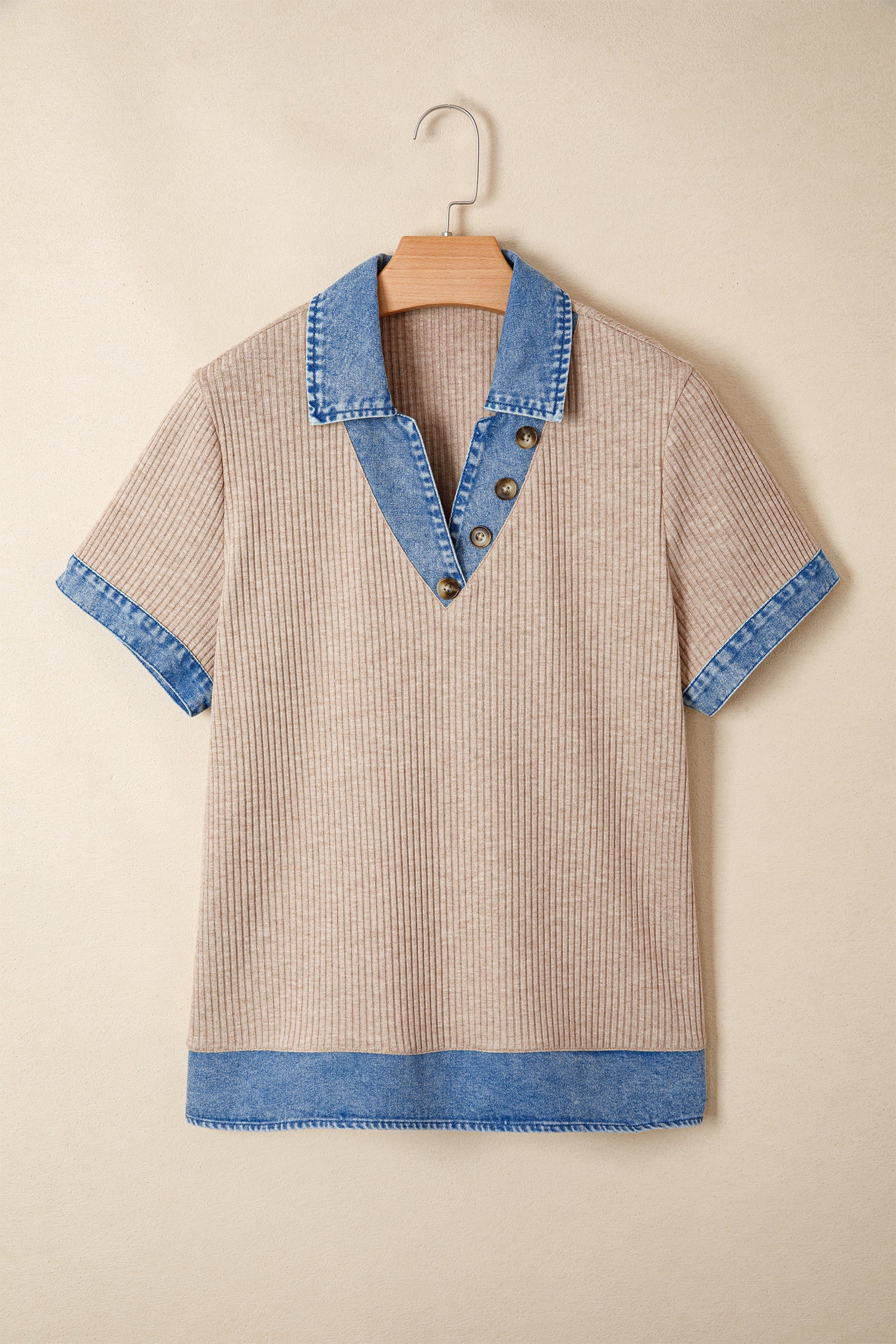 Beige Ribbed Knit Denim Color Block Patchwork Button Detail Collared Blouse-Tops/Blouses & Shirts-[Adult]-[Female]-2022 Online Blue Zone Planet