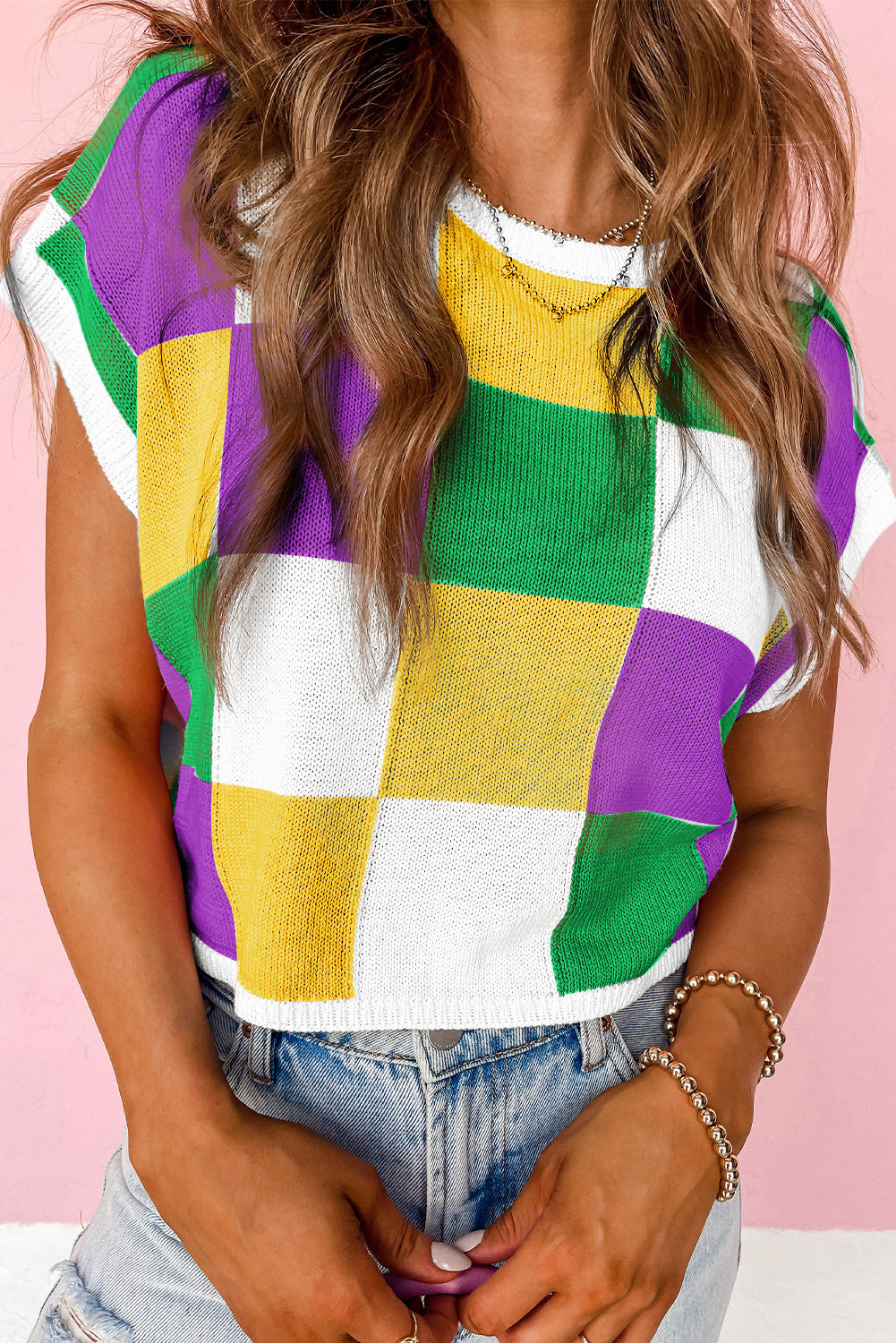 Tillandsia Purple Checkered Color Block Cap Sleeve Mardi Gras Knitted Top-Knit Tops-[Adult]-[Female]-2022 Online Blue Zone Planet