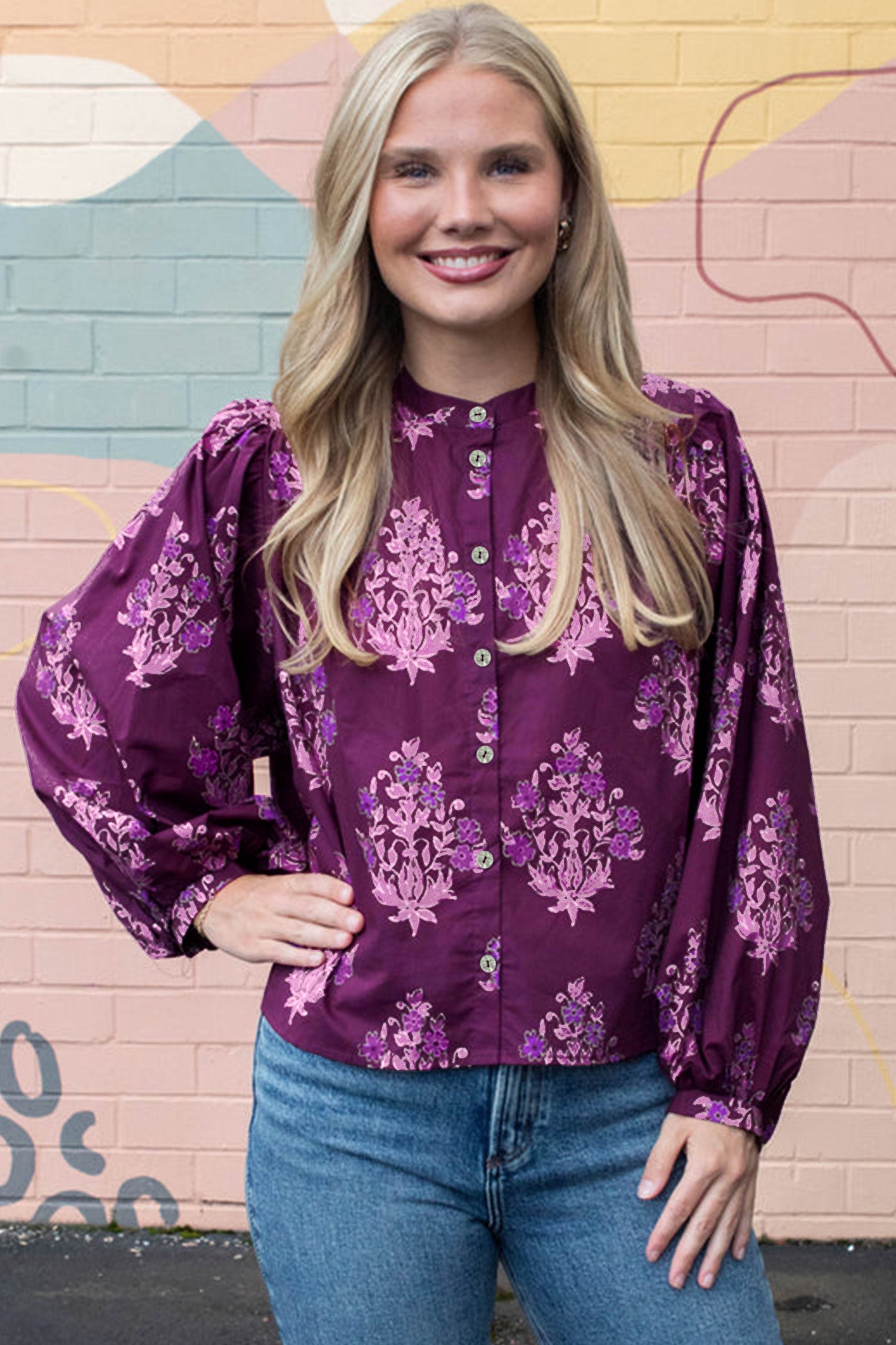 Purple Floral Print Button-Up Long Puff Sleeve Loose Shirt-Tops/Blouses & Shirts-[Adult]-[Female]-2022 Online Blue Zone Planet