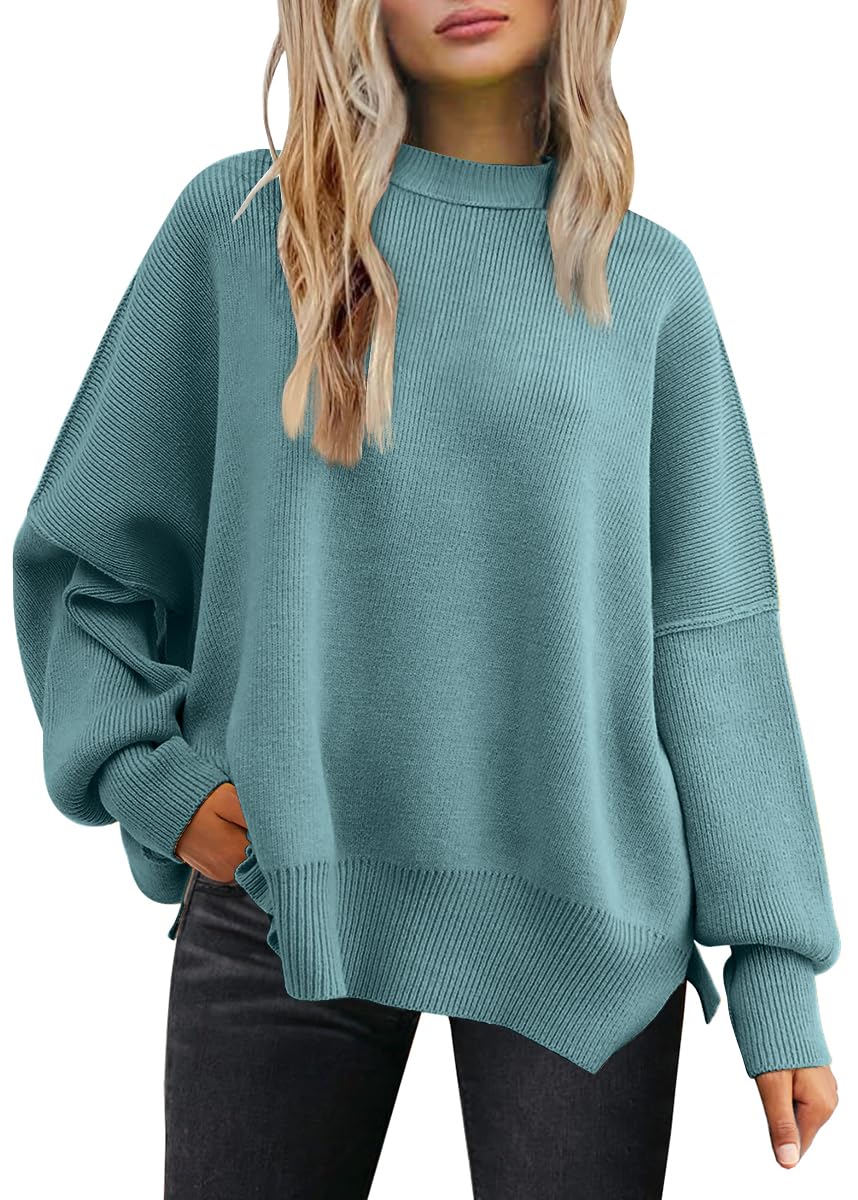 Blue Zone Planet | Slit Round Neck Dropped Shoulder Sweater-TOPS / DRESSES-[Adult]-[Female]-2022 Online Blue Zone Planet