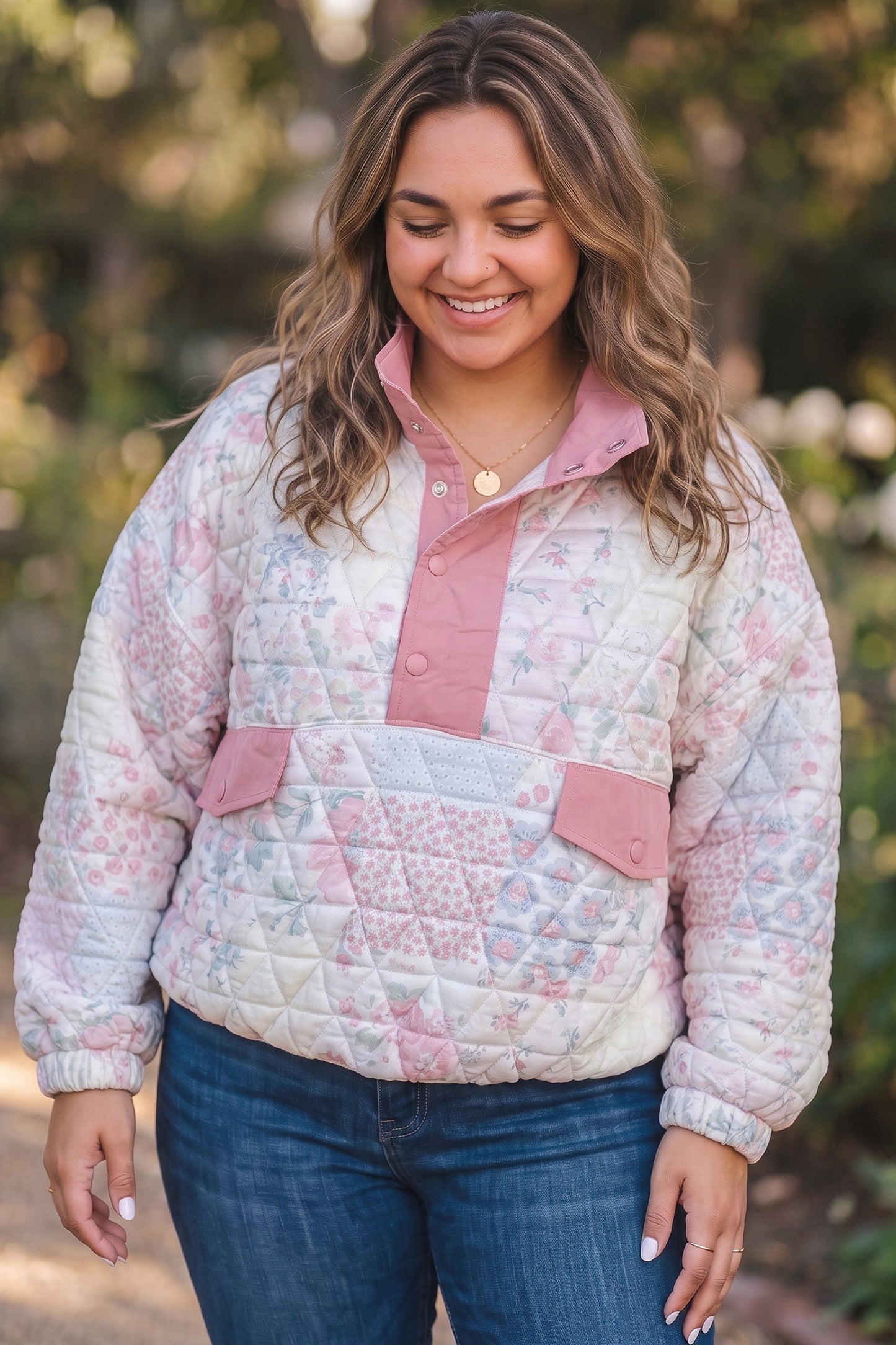 Pink Floral Quilted V-Neck Plus Size Fake Pocket Sweatshirt-Plus Size/Plus Size Sweatshirts & Hoodies-[Adult]-[Female]-2022 Online Blue Zone Planet
