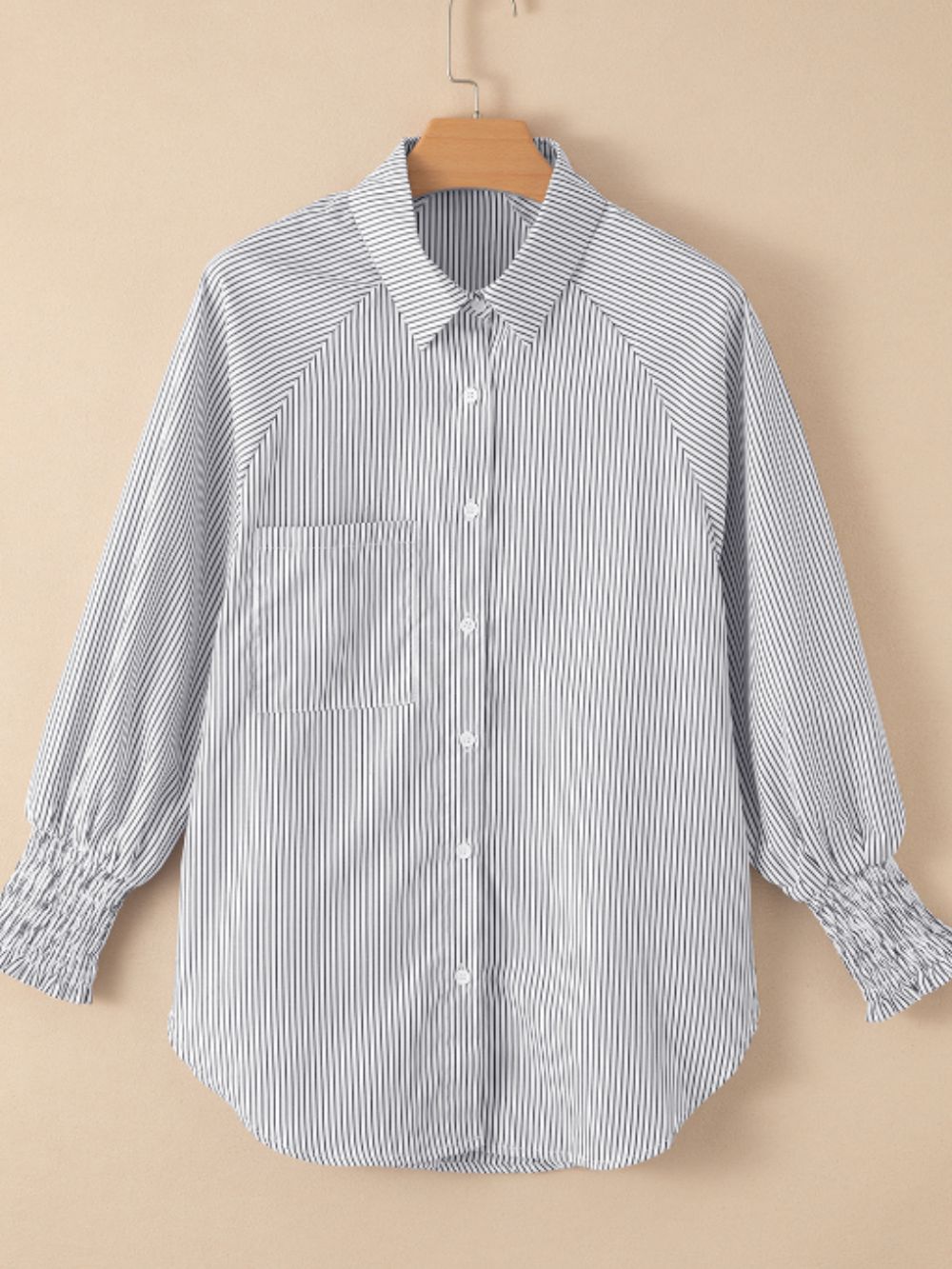 Striped Collared Neck Lantern Sleeve Shirt-TOPS / DRESSES-[Adult]-[Female]-2022 Online Blue Zone Planet