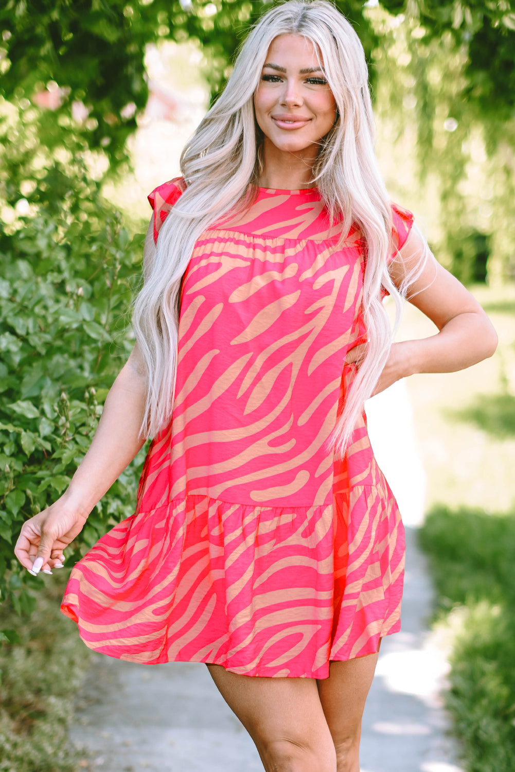 Pink Zebra Stripe Printed Ruffle Trim Pocketed Dress-Dresses/Mini Dresses-[Adult]-[Female]-2022 Online Blue Zone Planet